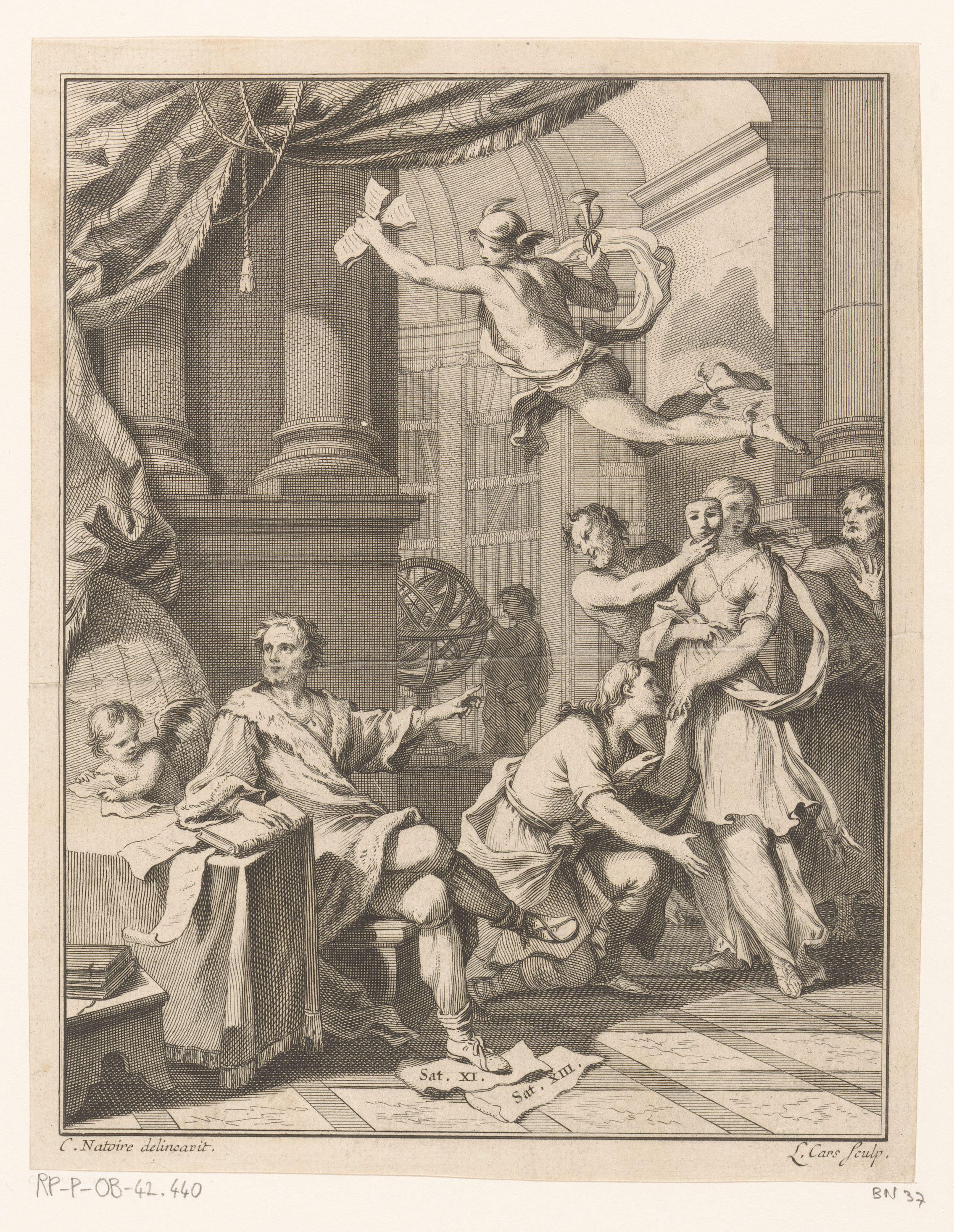 Schrijver gezeten aan een tafel, wijzend naar een groep mythologische figuren