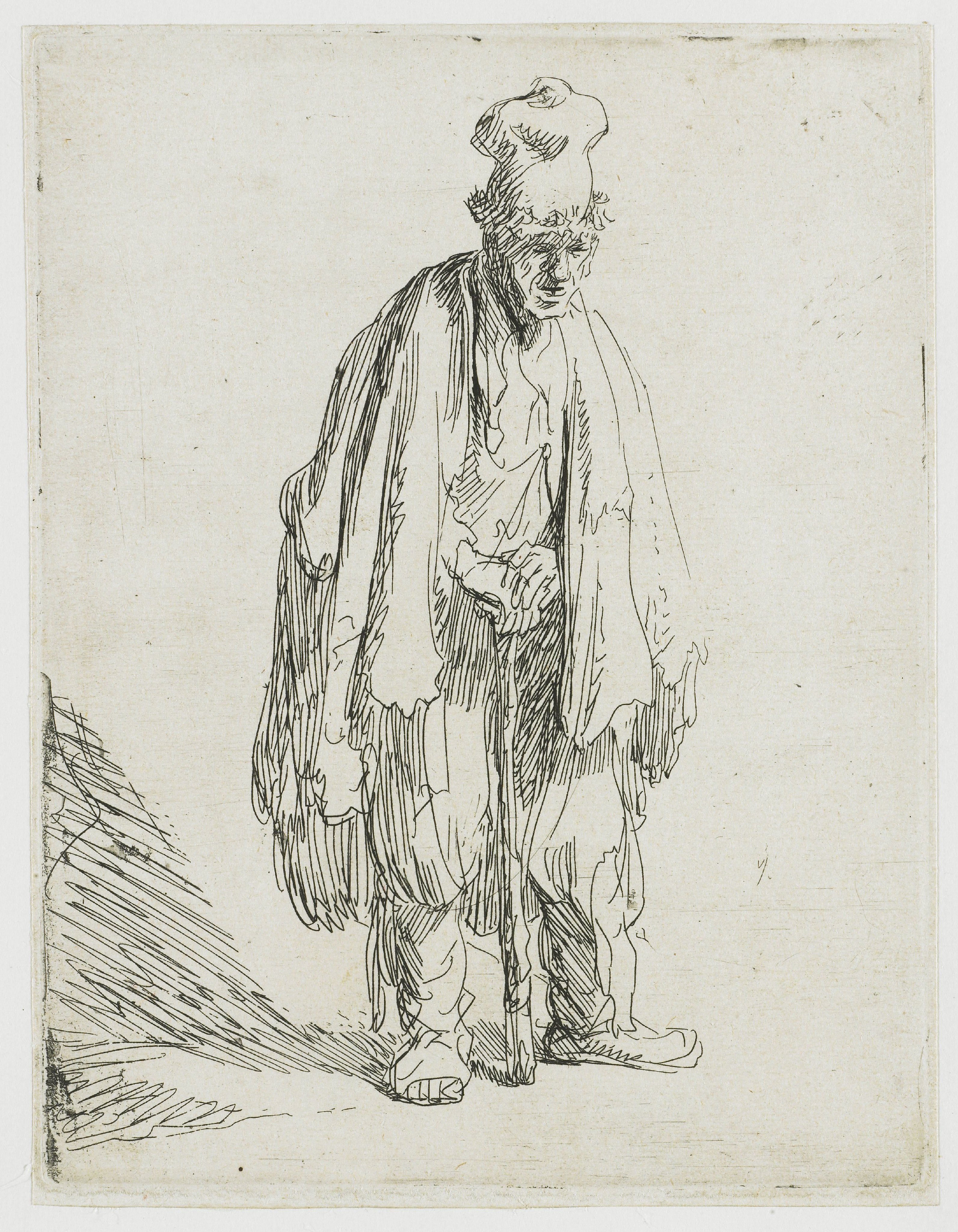 Beggar in a high cap, standing and leaning on a stick