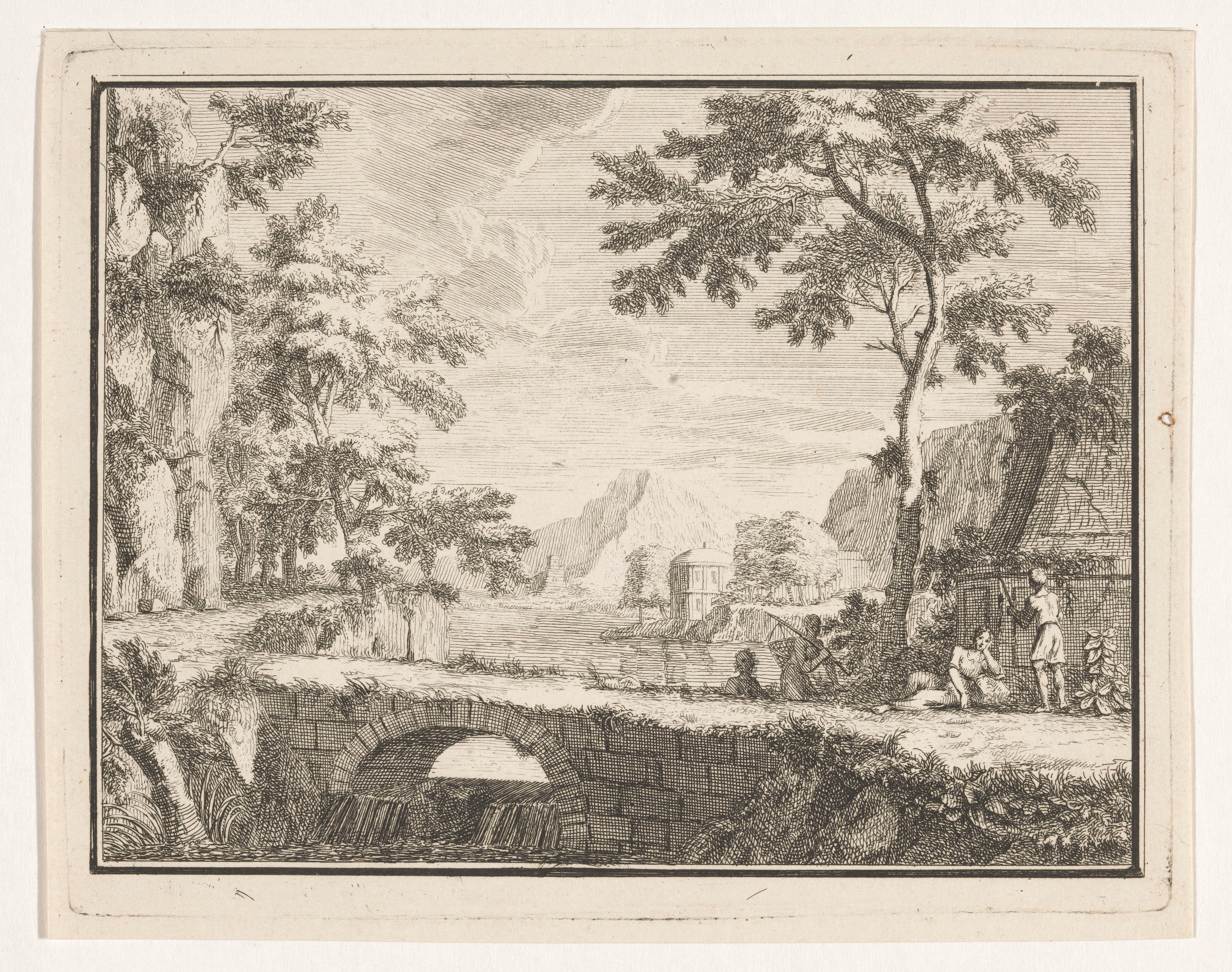 Arcadisch landschap met vissers bij een stenen brug