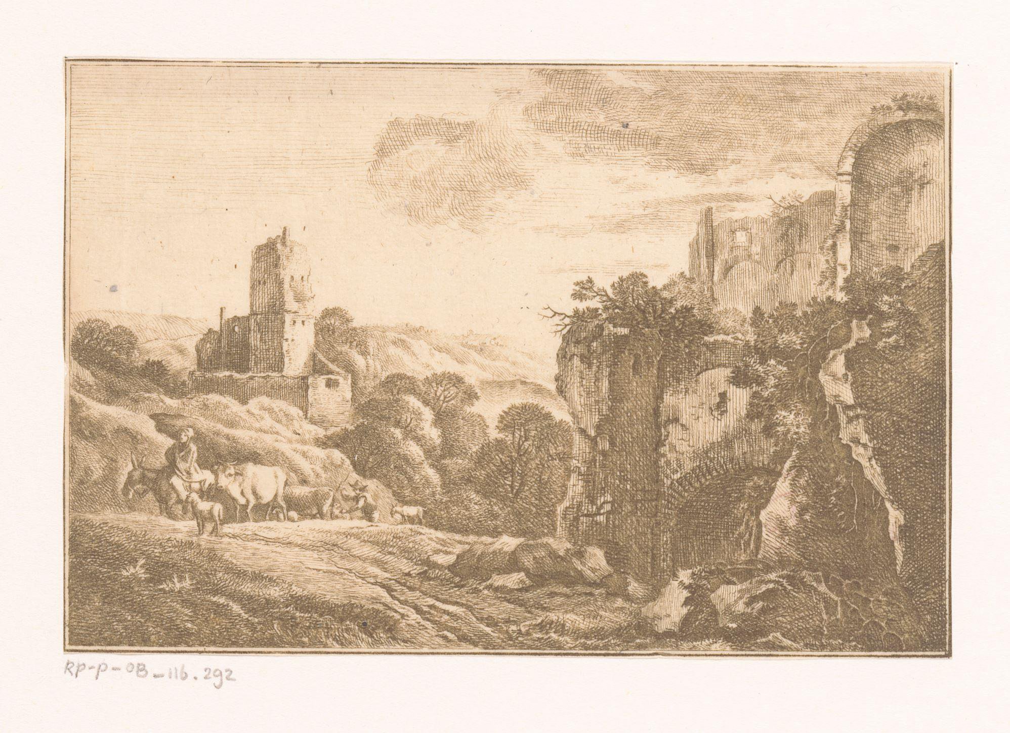 Landschap met ruïnes en herder met vee
