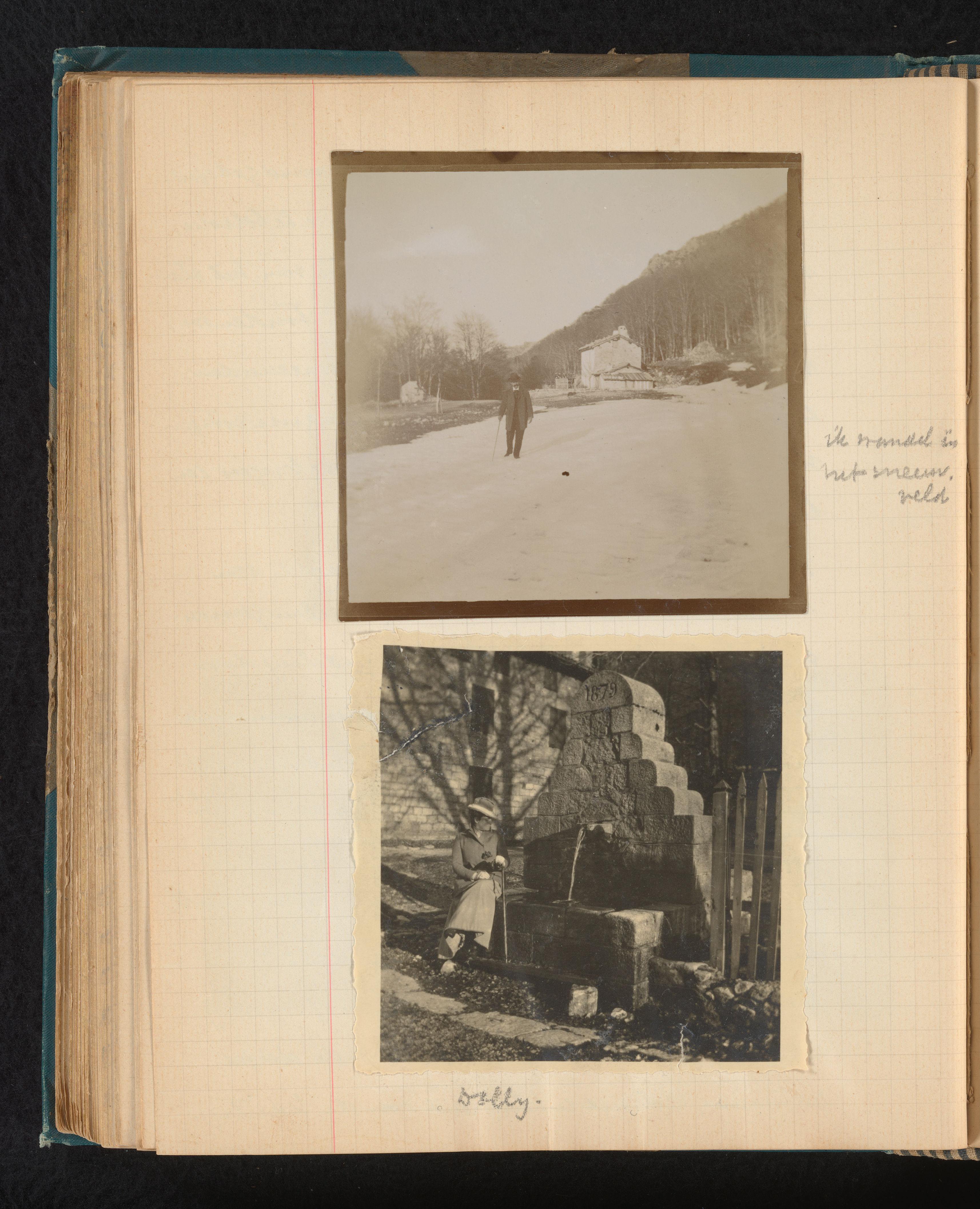 Theodore van Lelyveld wandelend door een besneeuwd veld en Dina Amelia van Emden zittend op de rand van een fontein