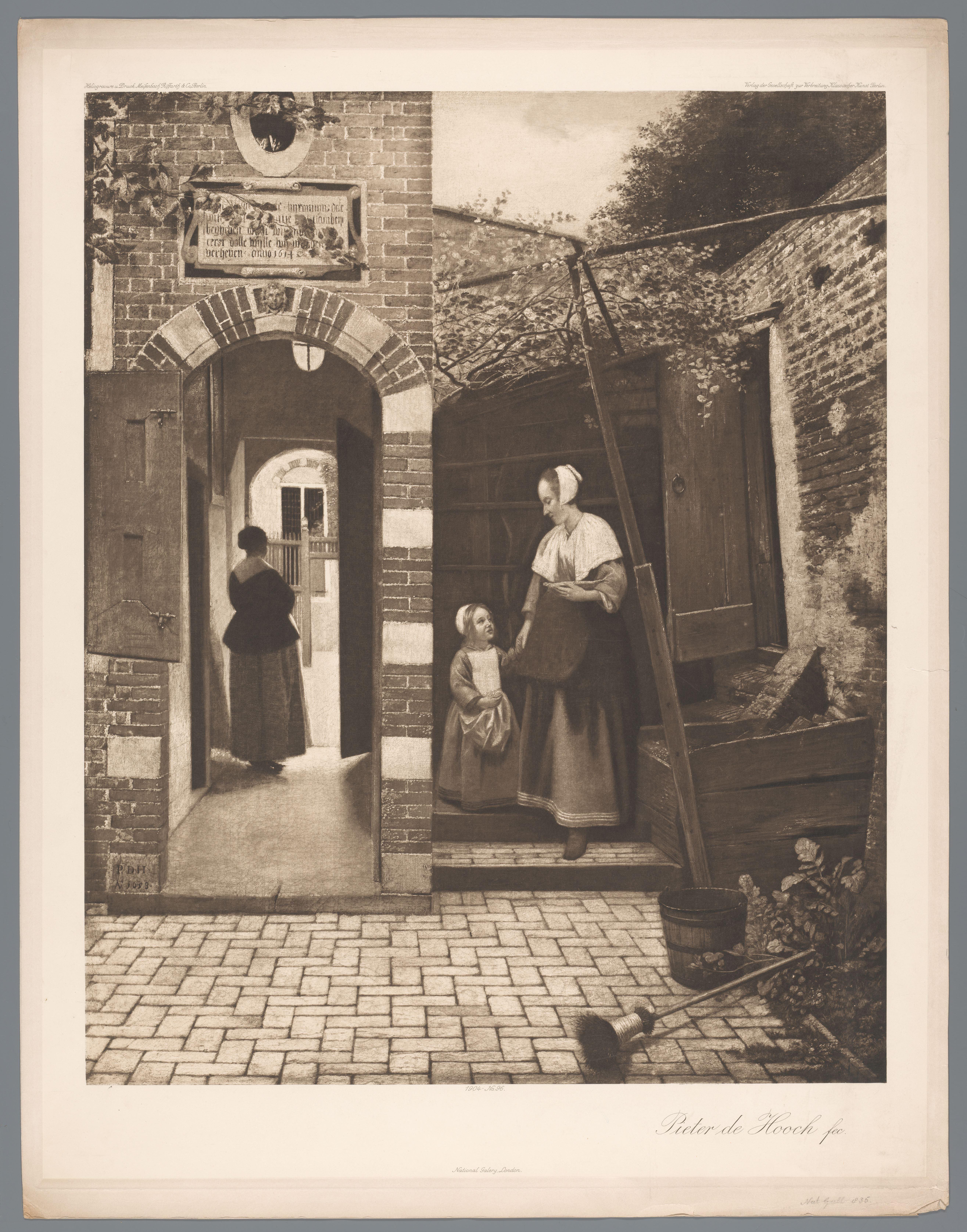 Fotoreproductie van schilderij De binnenplaats van een huis in Delft door Pieter de Hooch, coll. National Gallery, Londen