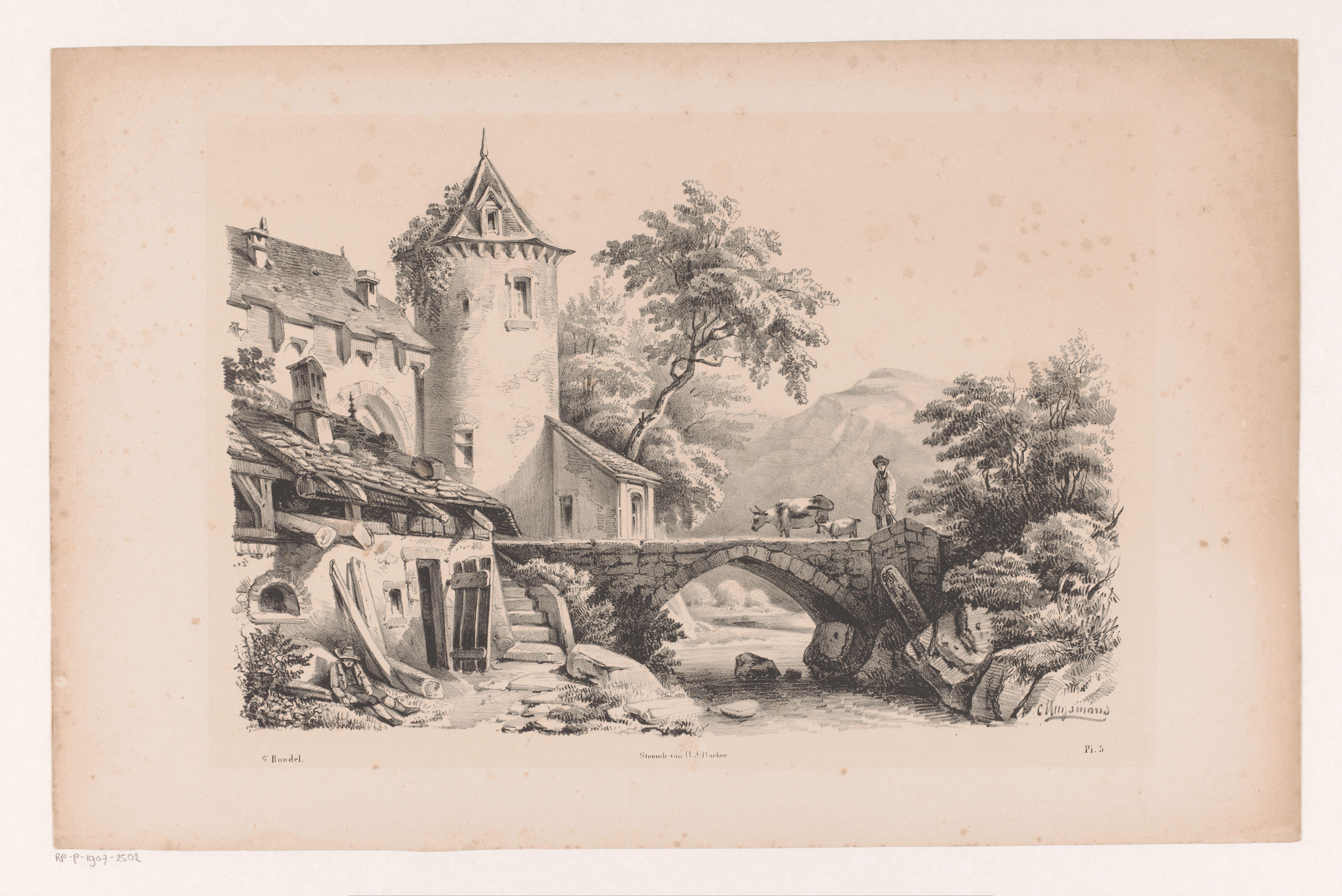 Huizen en brug in berglandschap