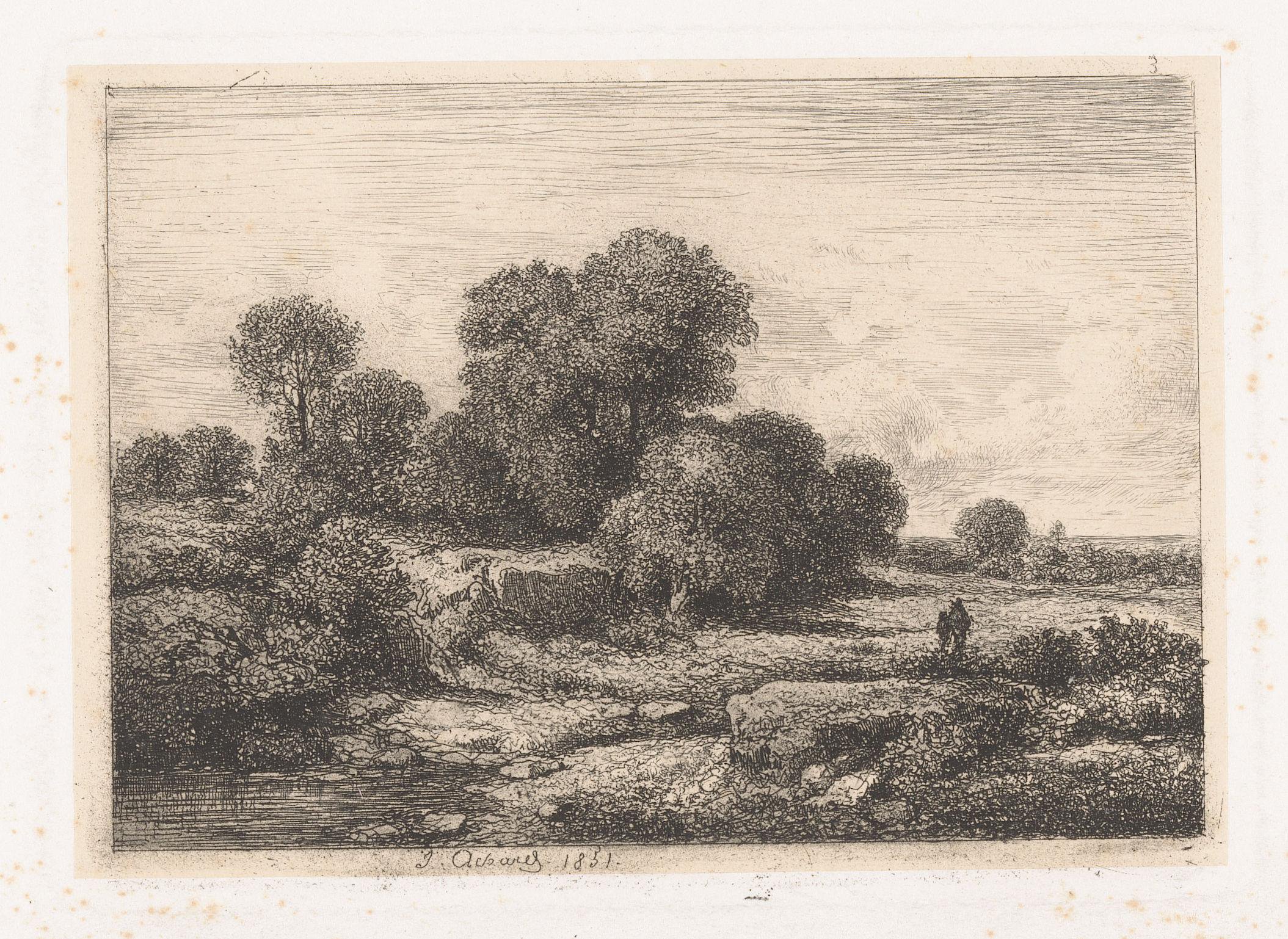 Figuren bij een rivierbedding met bomen