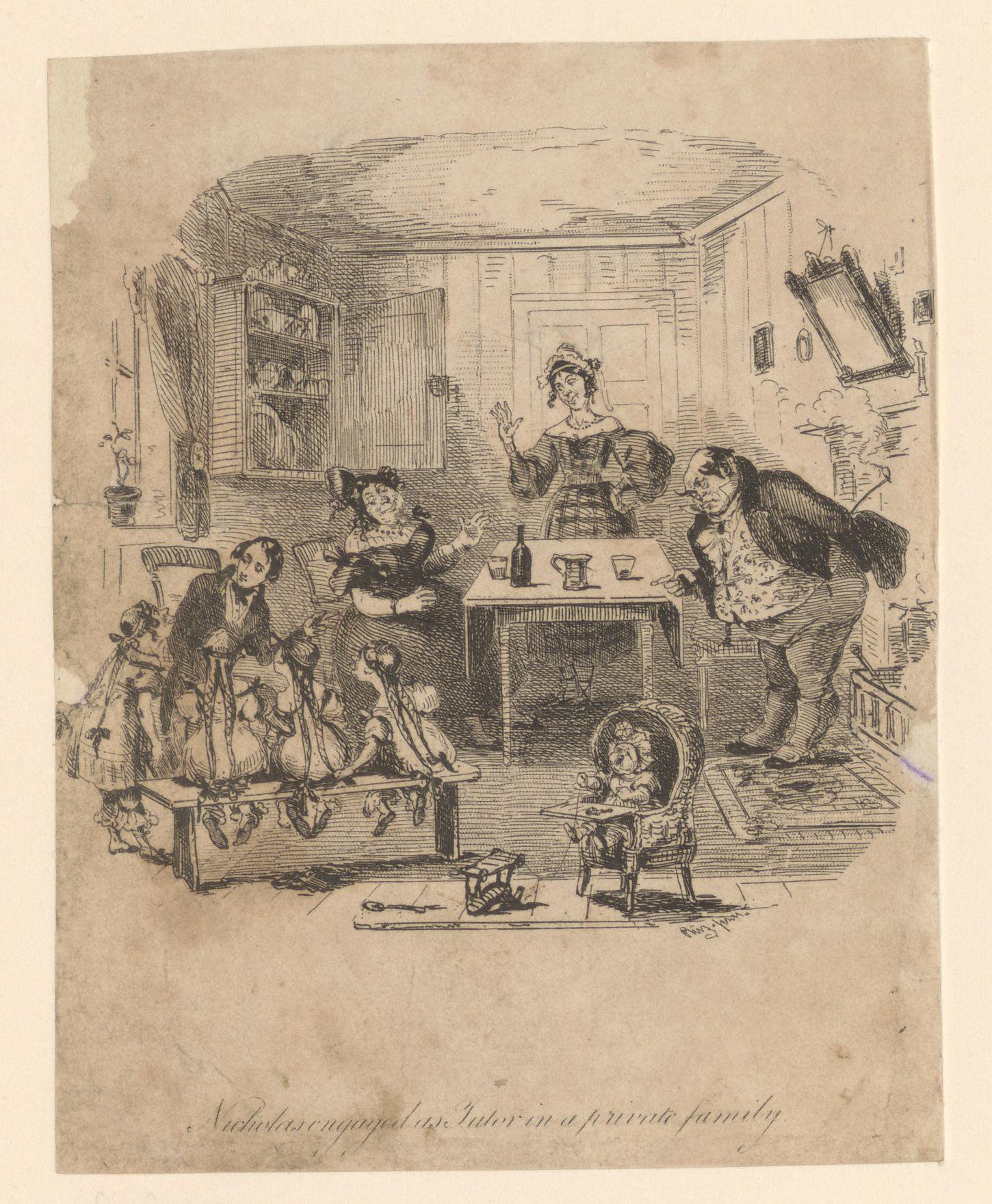 Nicholas Nickleby onderwijst de vier dochters van de Kenwigs