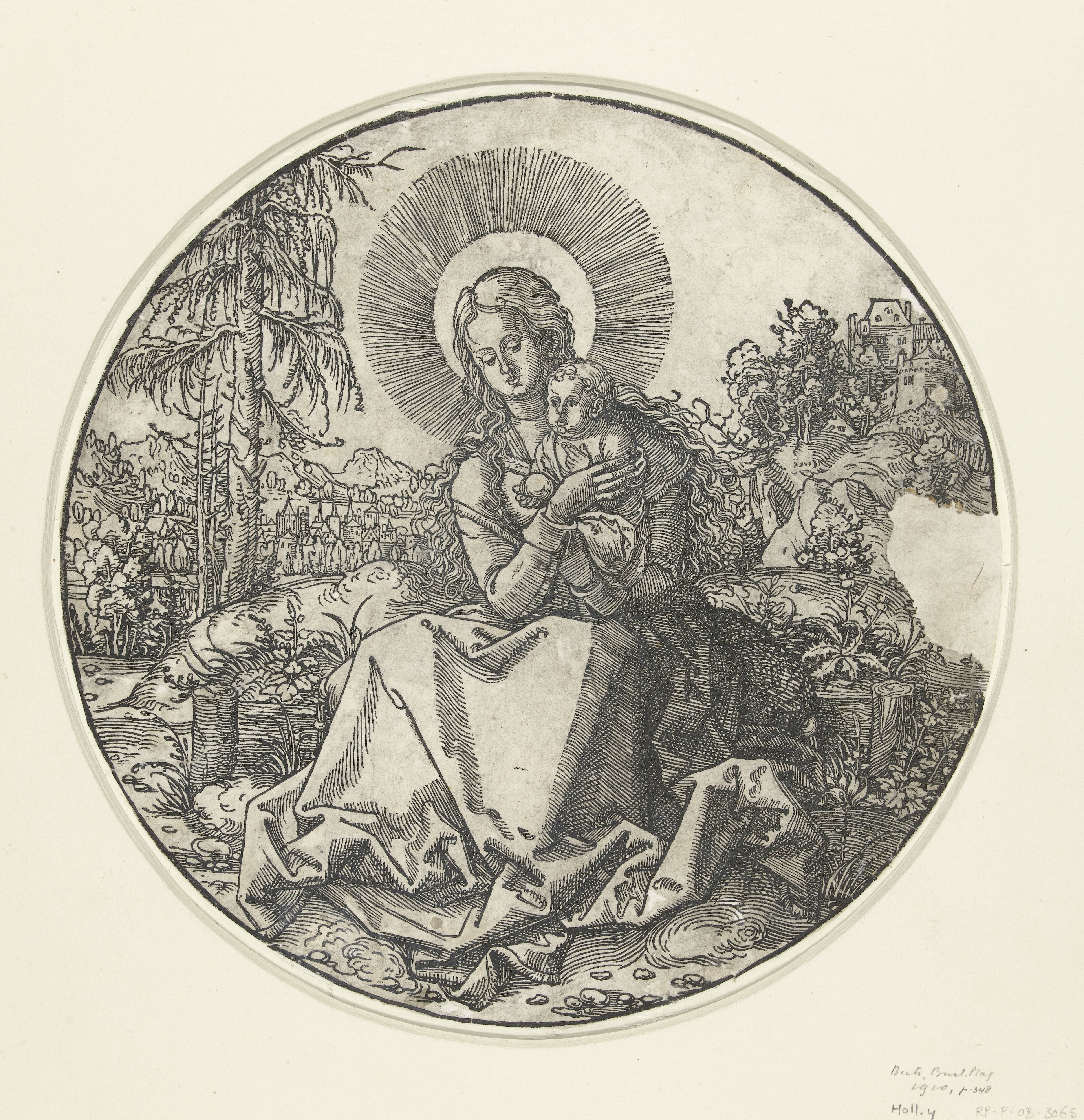 Zittende Madonna met kind in een landschap