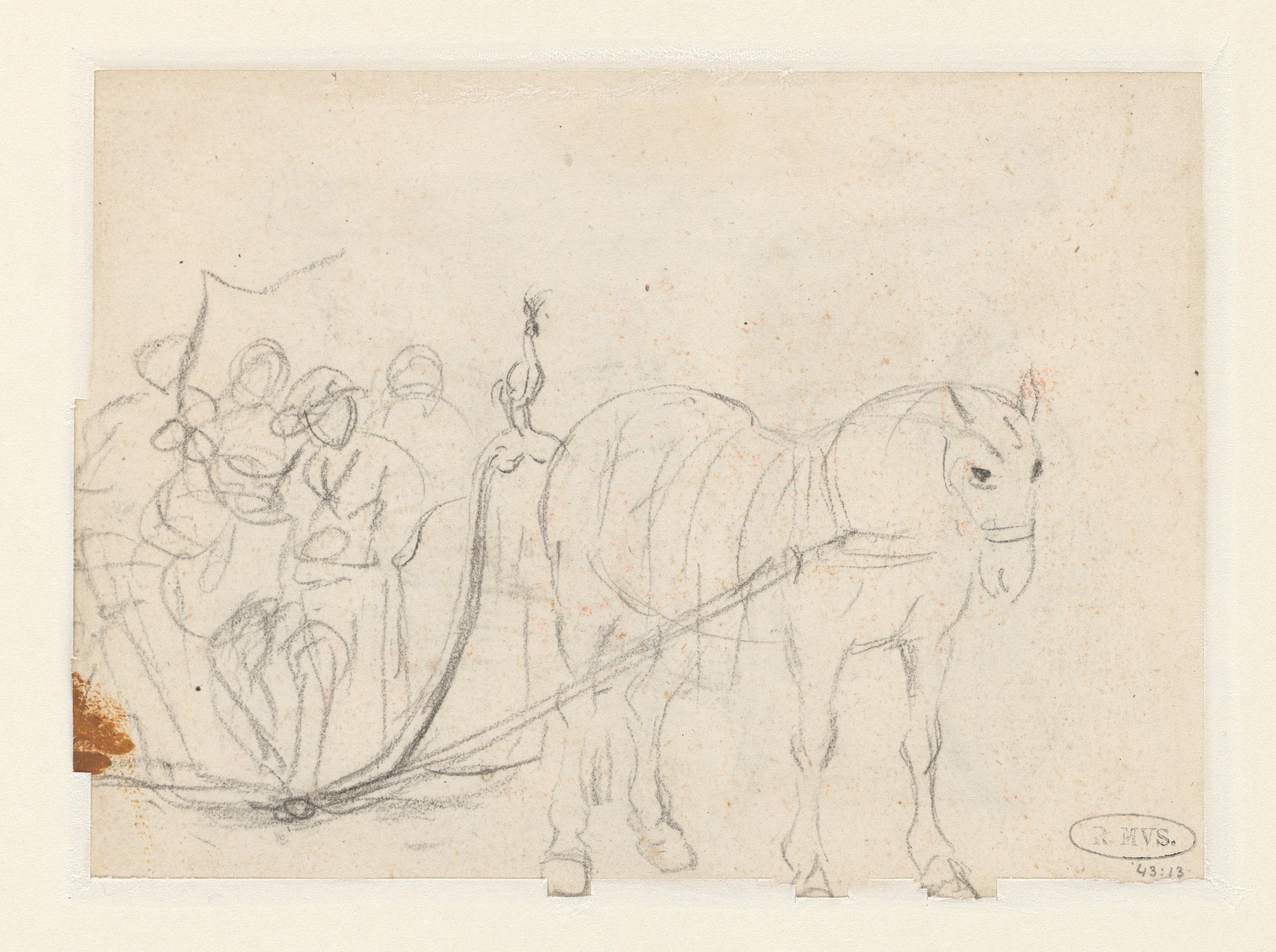 Schets van een paardenslee met vier figuren