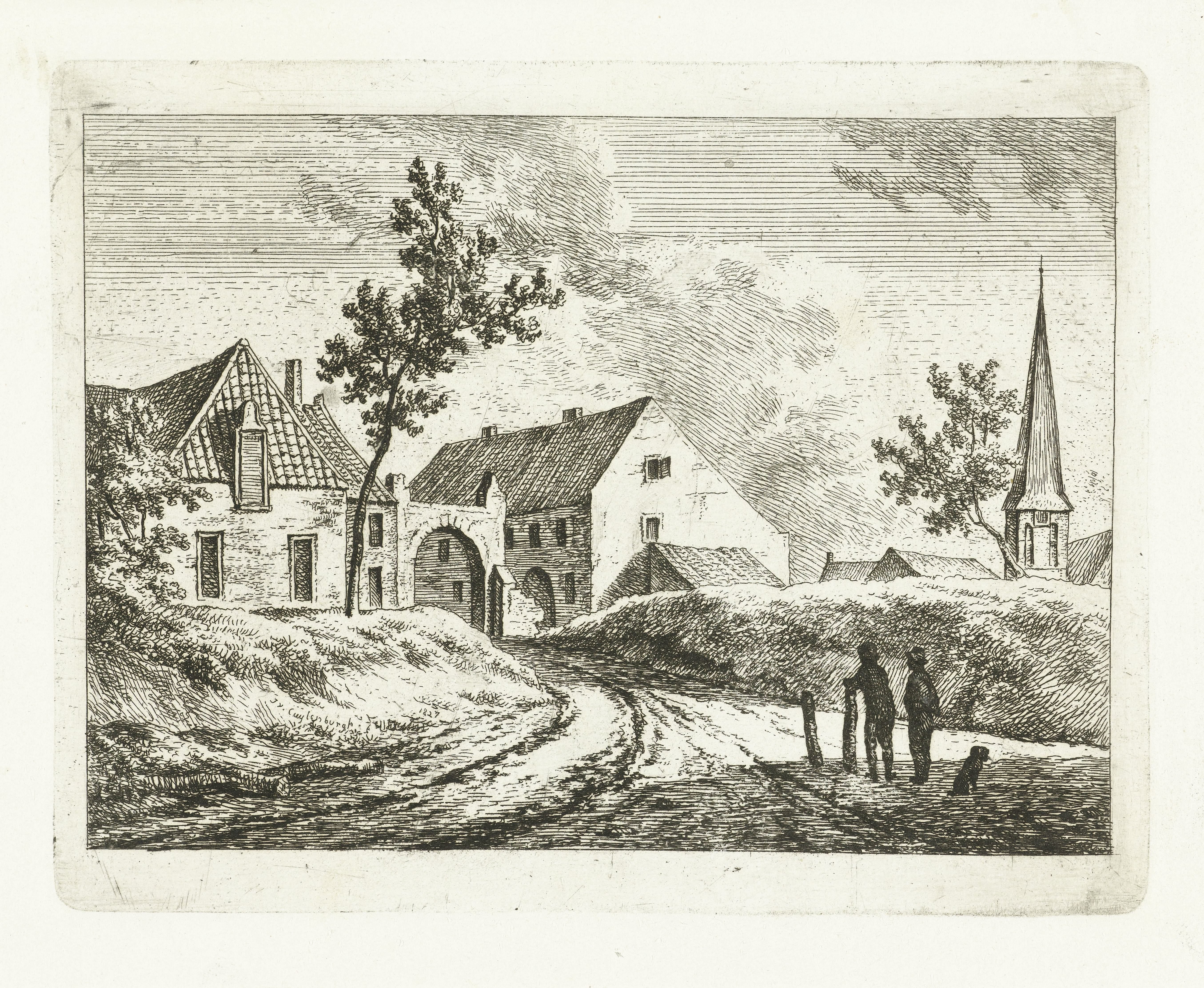 Landschap met weg naar poort van dorp