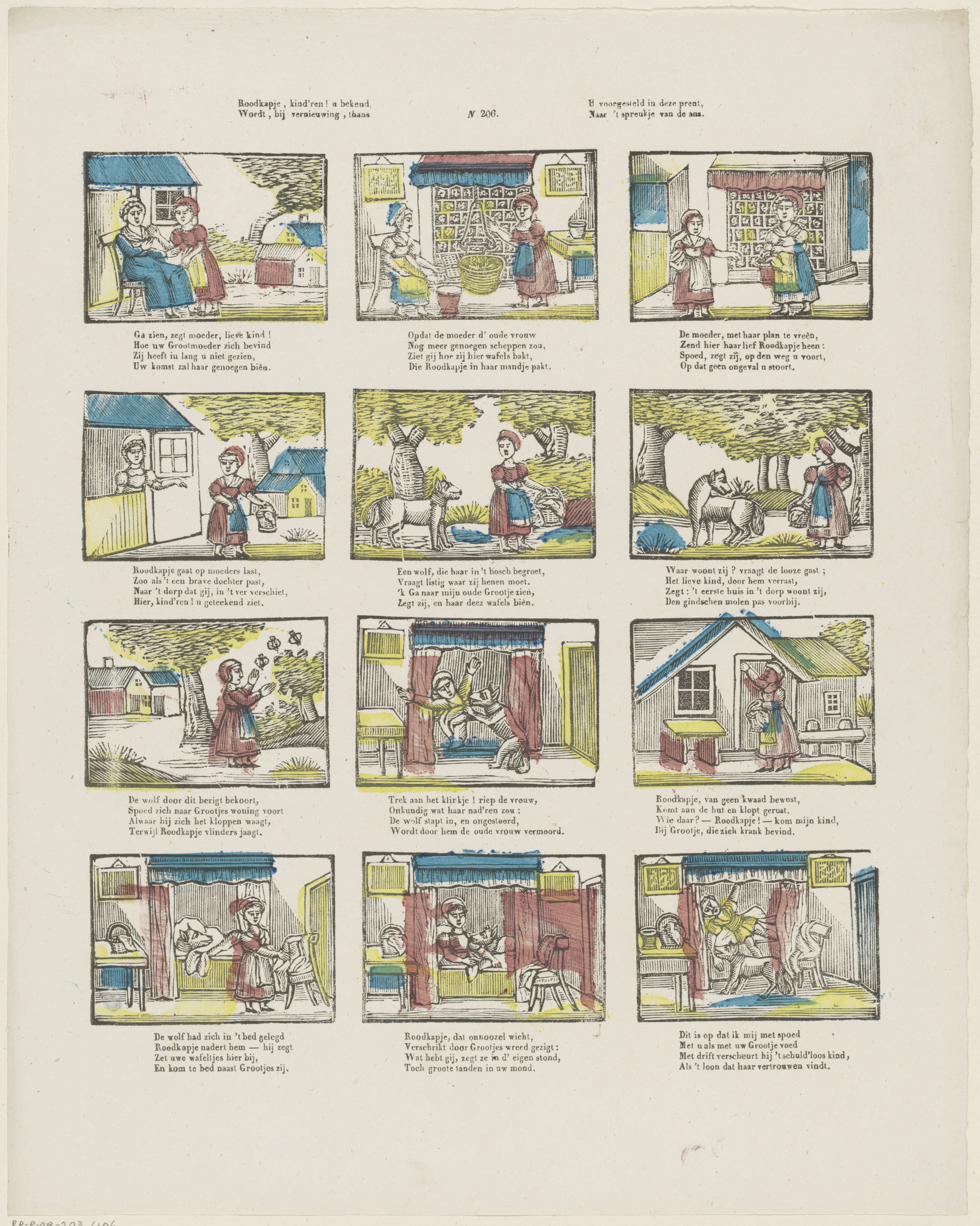 Roodkapje, kind'ren ! u bekend, / Wordt, bij vernieuwing, thans / U voorgesteld in deze prent, / Naar 't spreukje van de ans