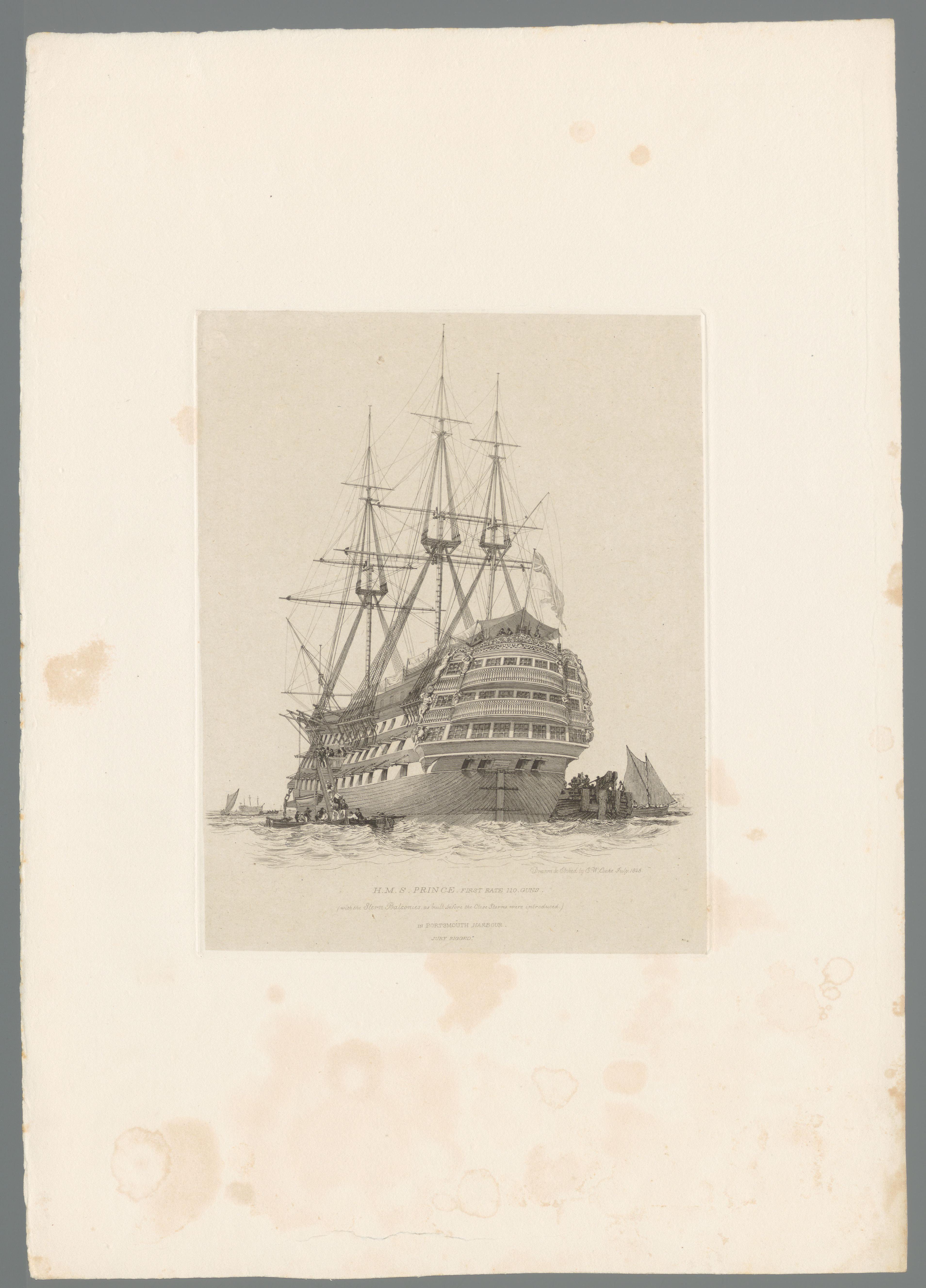 Oorlogsschip Prince in de haven van Portsmouth