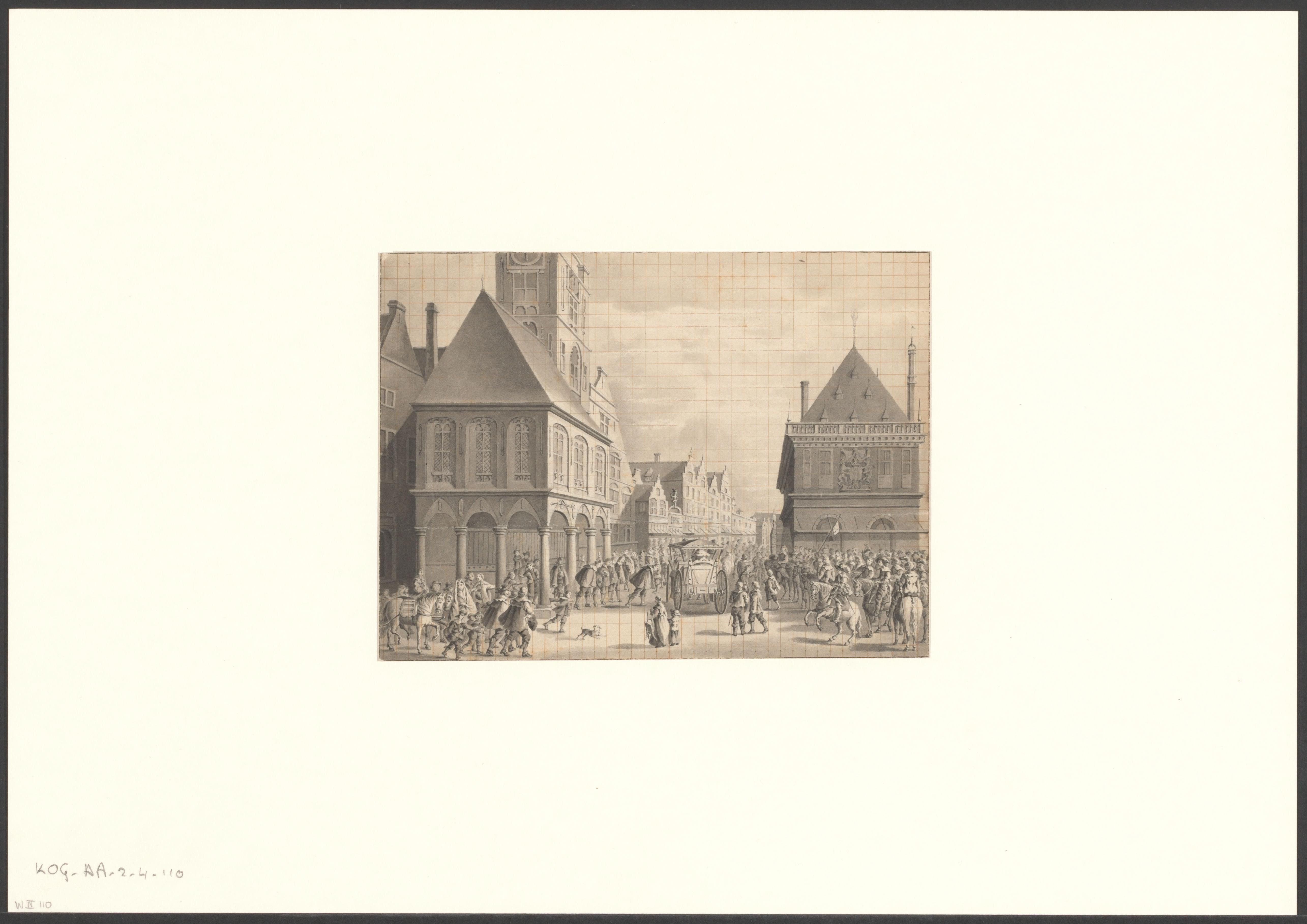 Gezicht op de Dam met het oude stadhuis en de Waag met het vertrek van Maria de' Medici uit Amsterdam