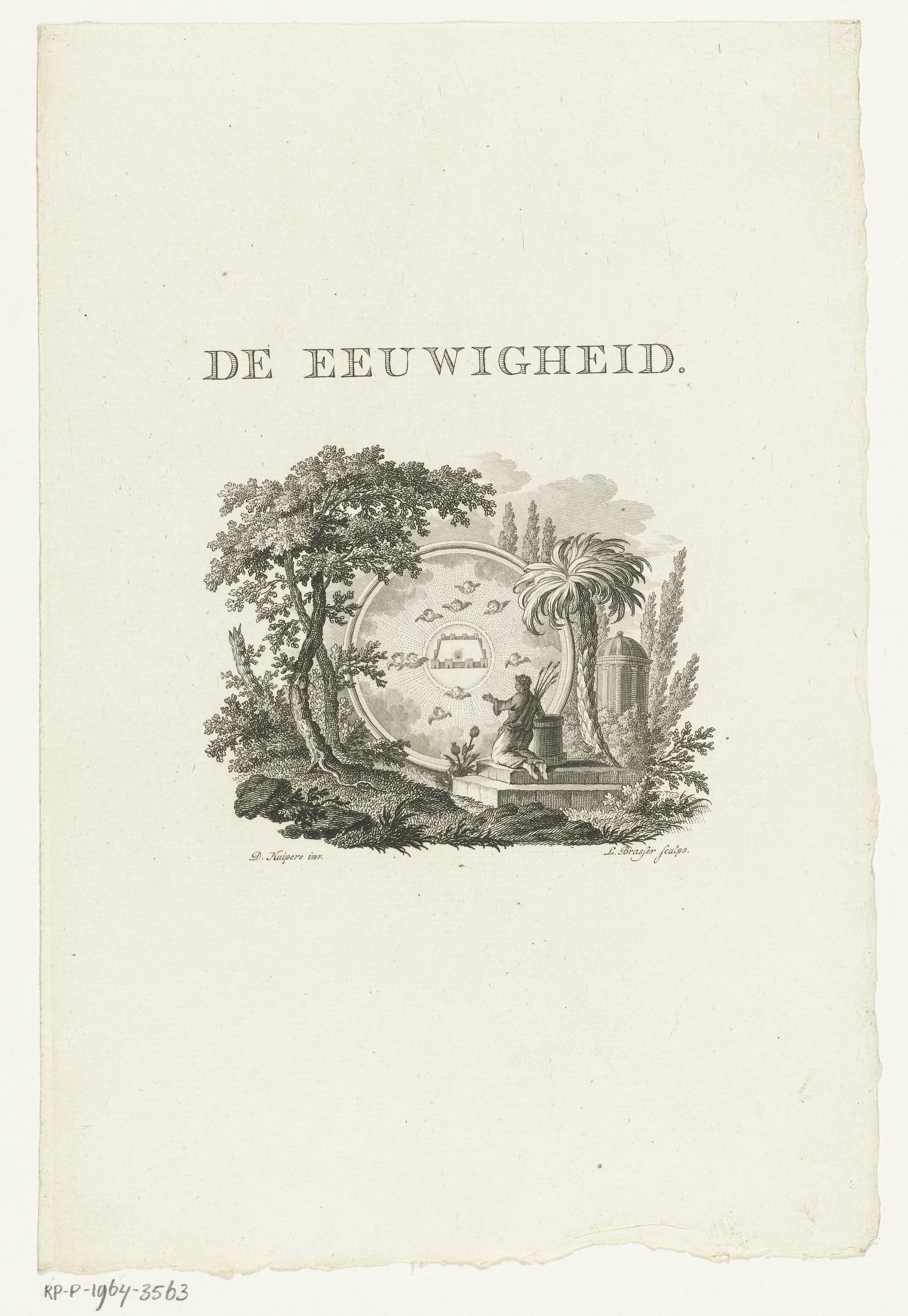 Vignet met landschap en figuur die knielt voor visioen van Hemelse Jeruzalem