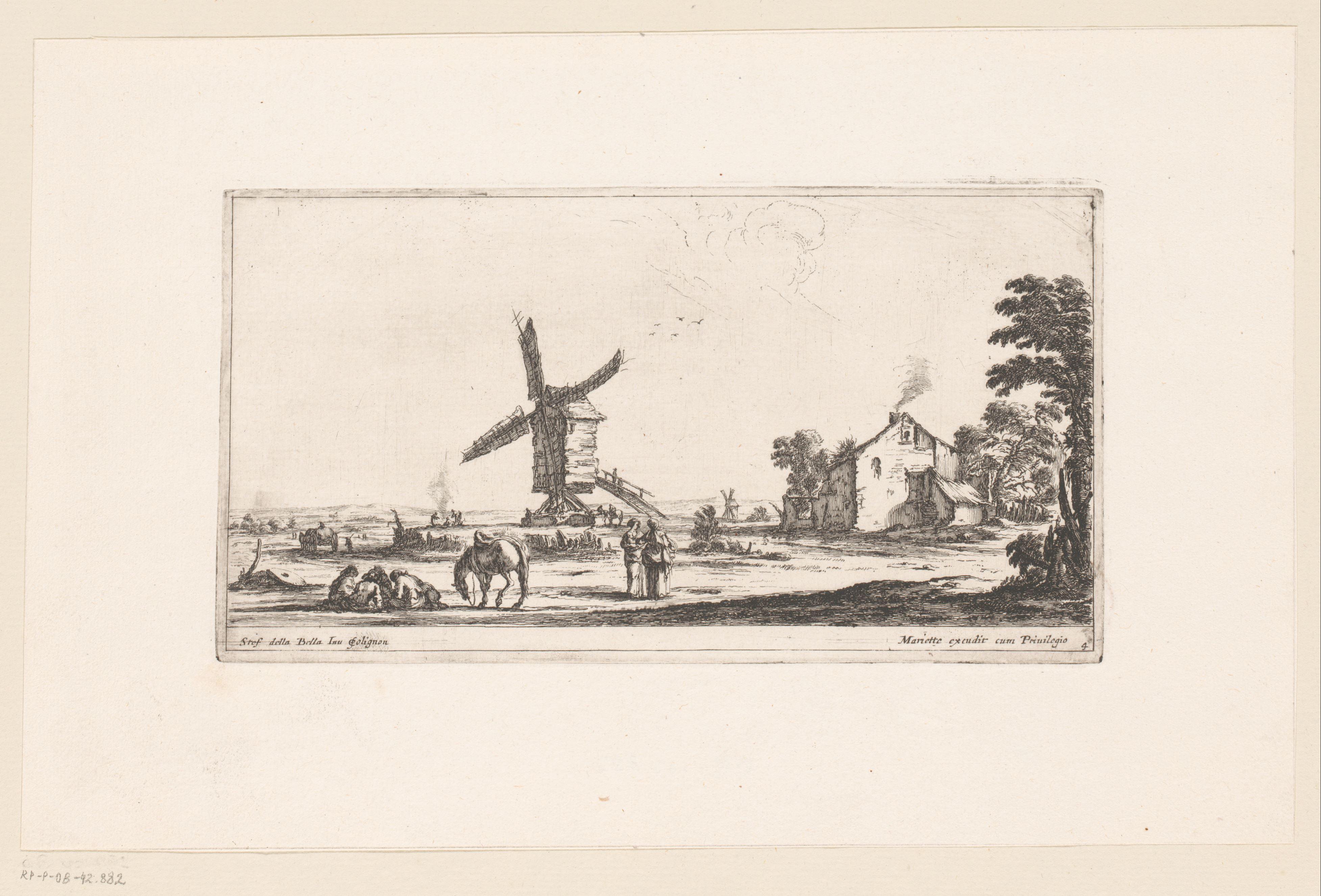 Landschap met rustende figuren aan een molen