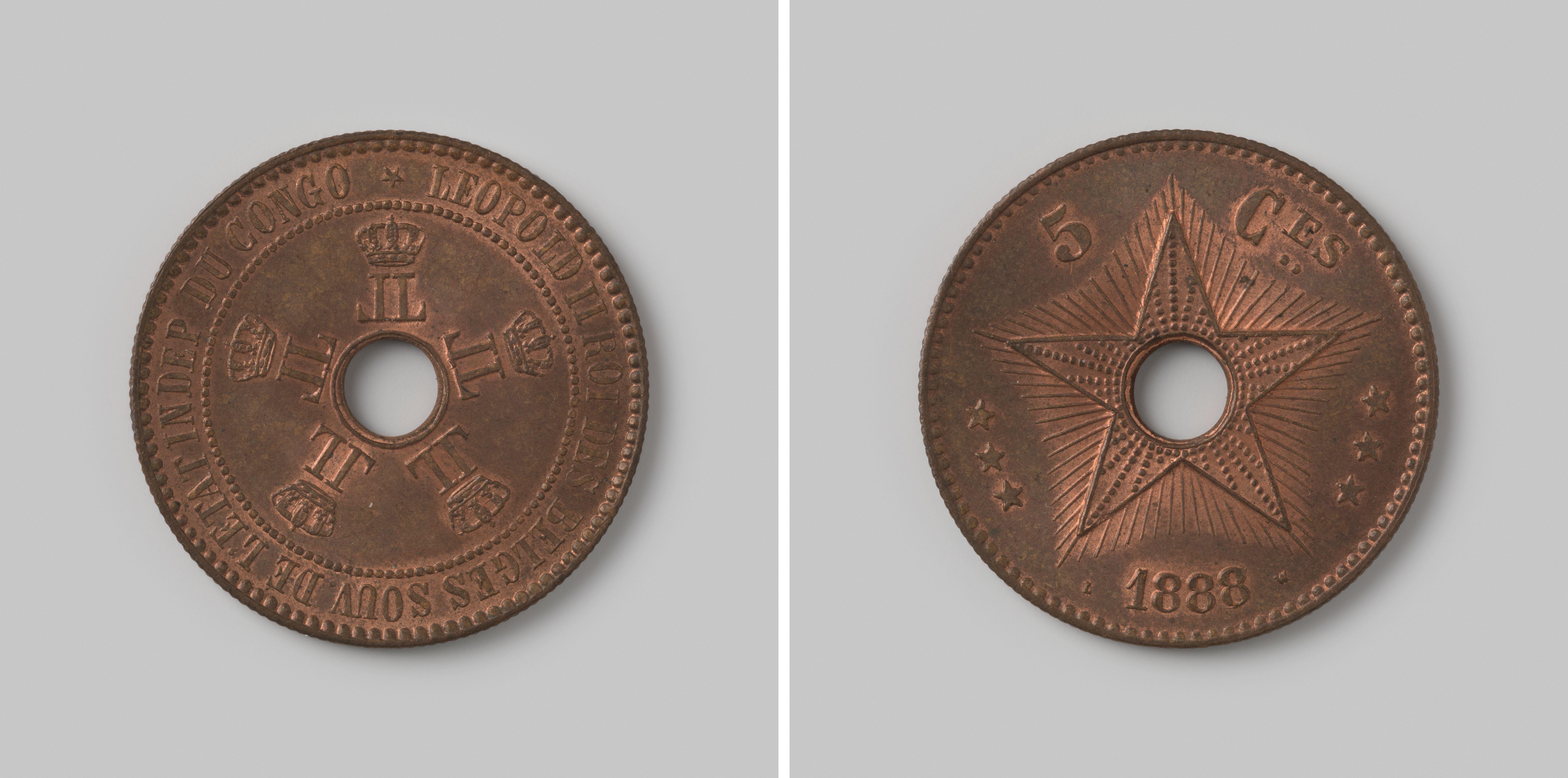 5 centimes uit Congo Vrijstaat van de Belgische koning Leopold II als soeverein, 1888