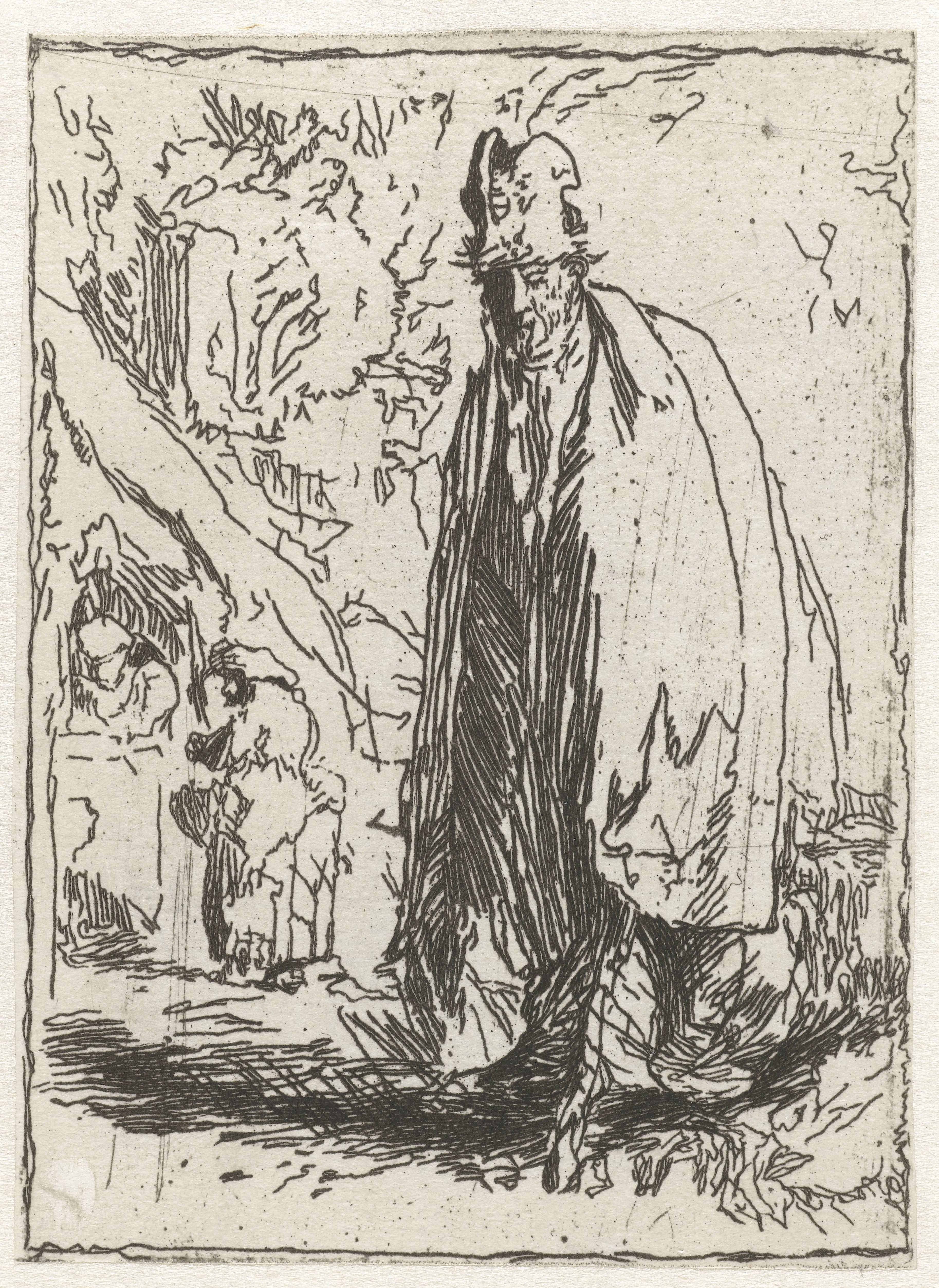 A beggar in a tall hat and long cloak, with a cottage and two figures in the background