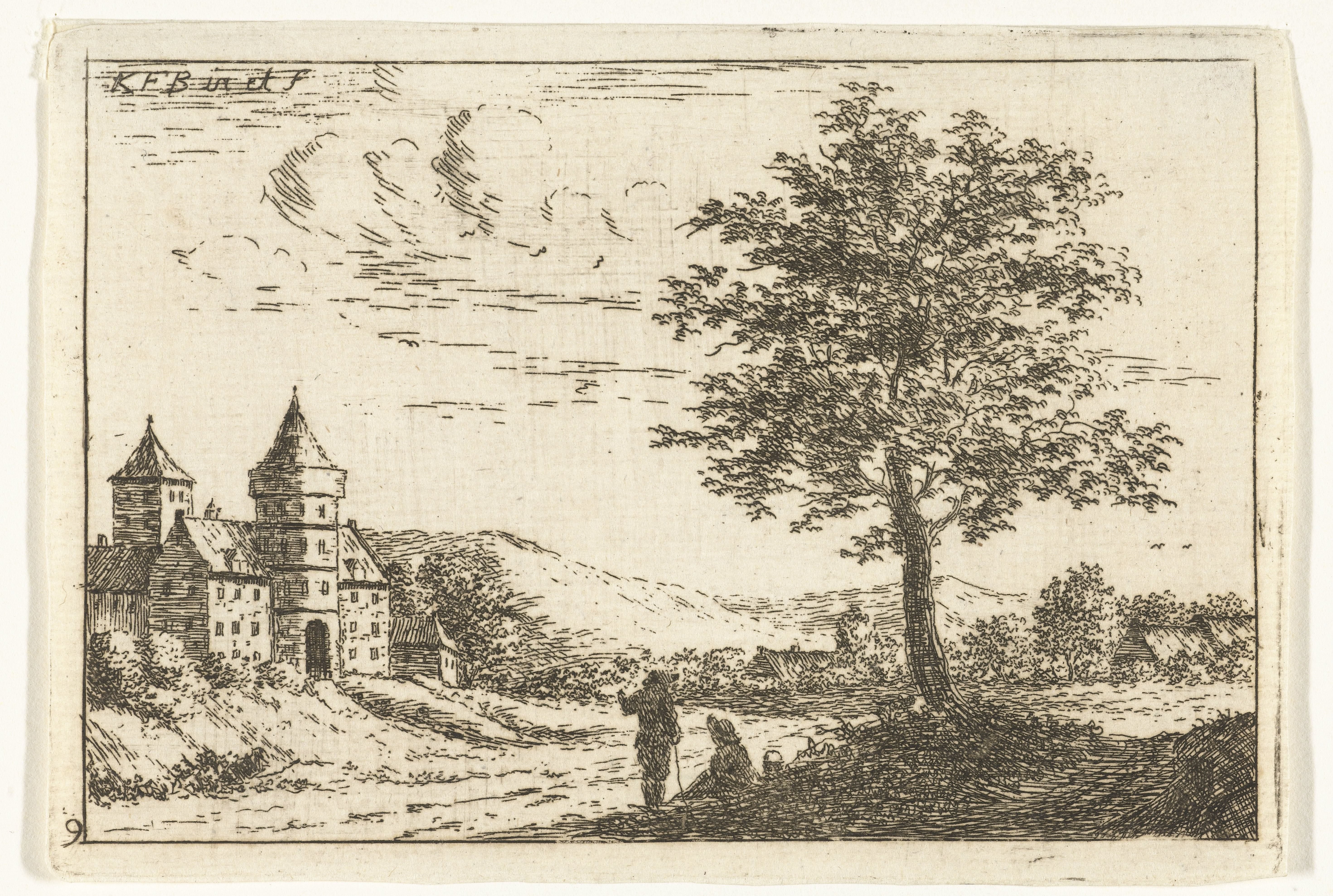 Heuvellandschap met kasteel en rustende reizigers