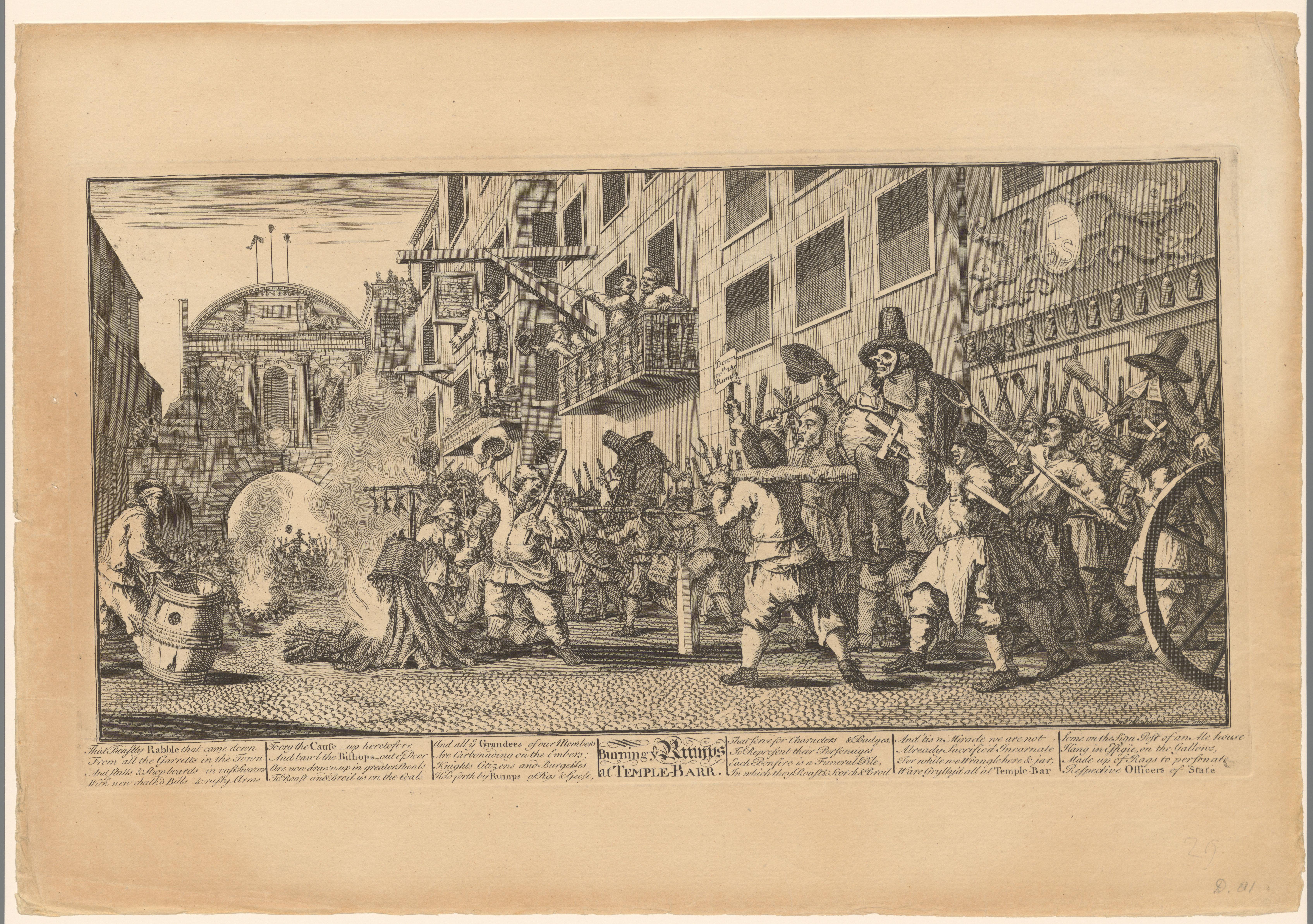 Boze menigte met beeltenis van Hudibras nabij de Temple Bar in Londen