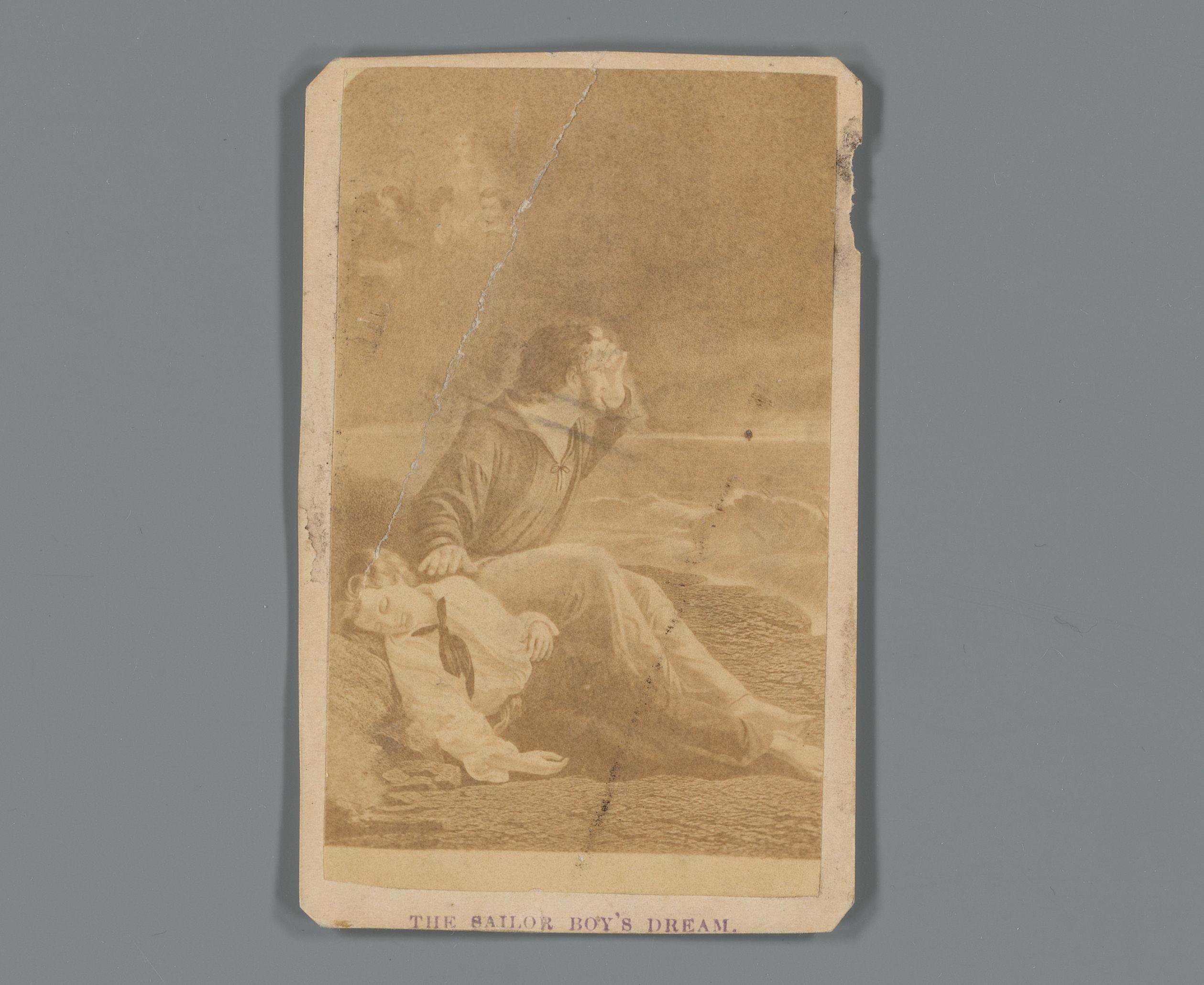 Fotoreproductie van The Sailor Boy's Dream of Home door Thomas Brooks als reclame voor kledingzaak Pierson & Hews in New Orleans, Louisiana