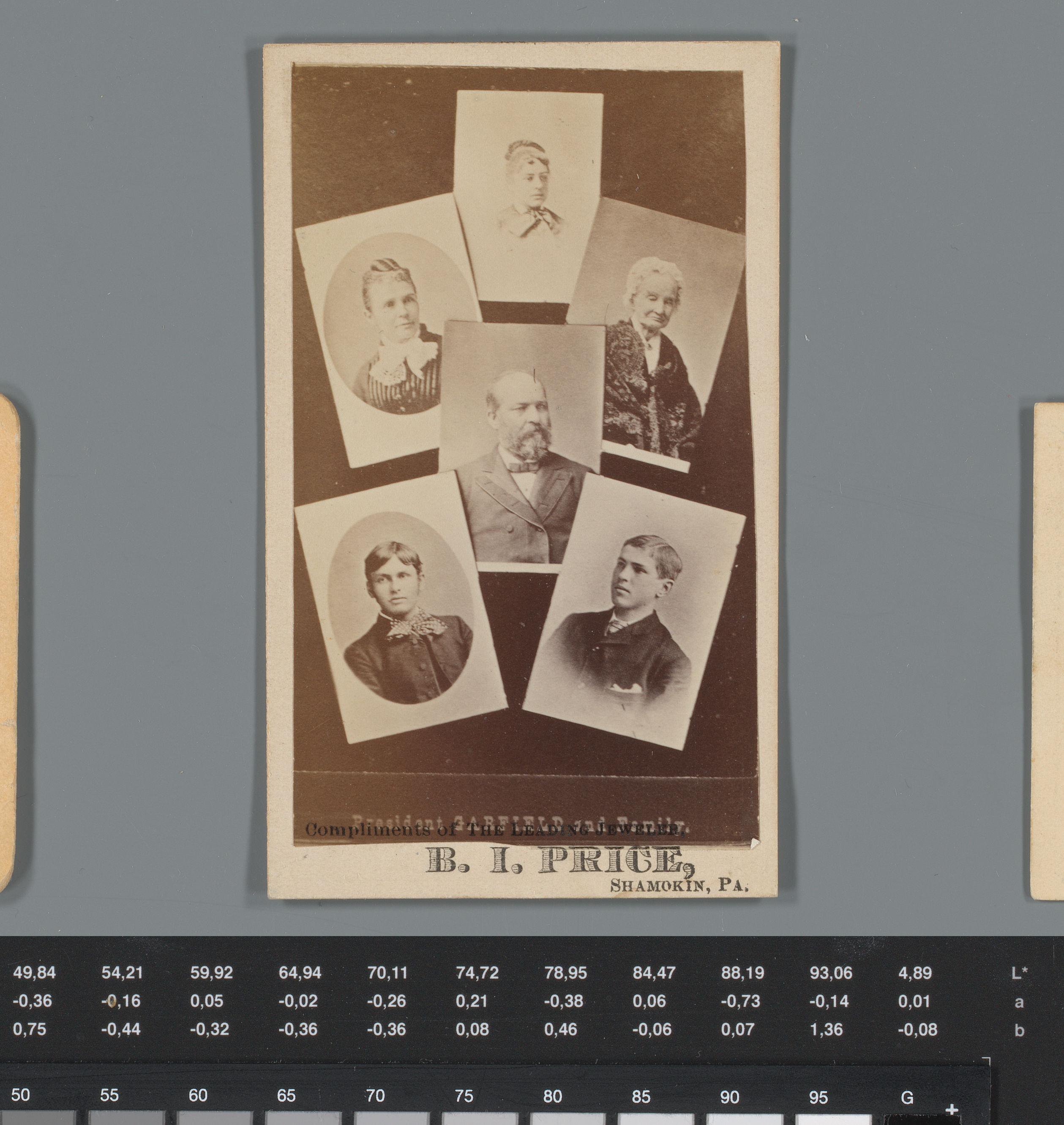 Reclame voor zilverwaren en sieraden van B.I. Price te Shamokin met portretten van James en Lucretia Garfield en hun familie