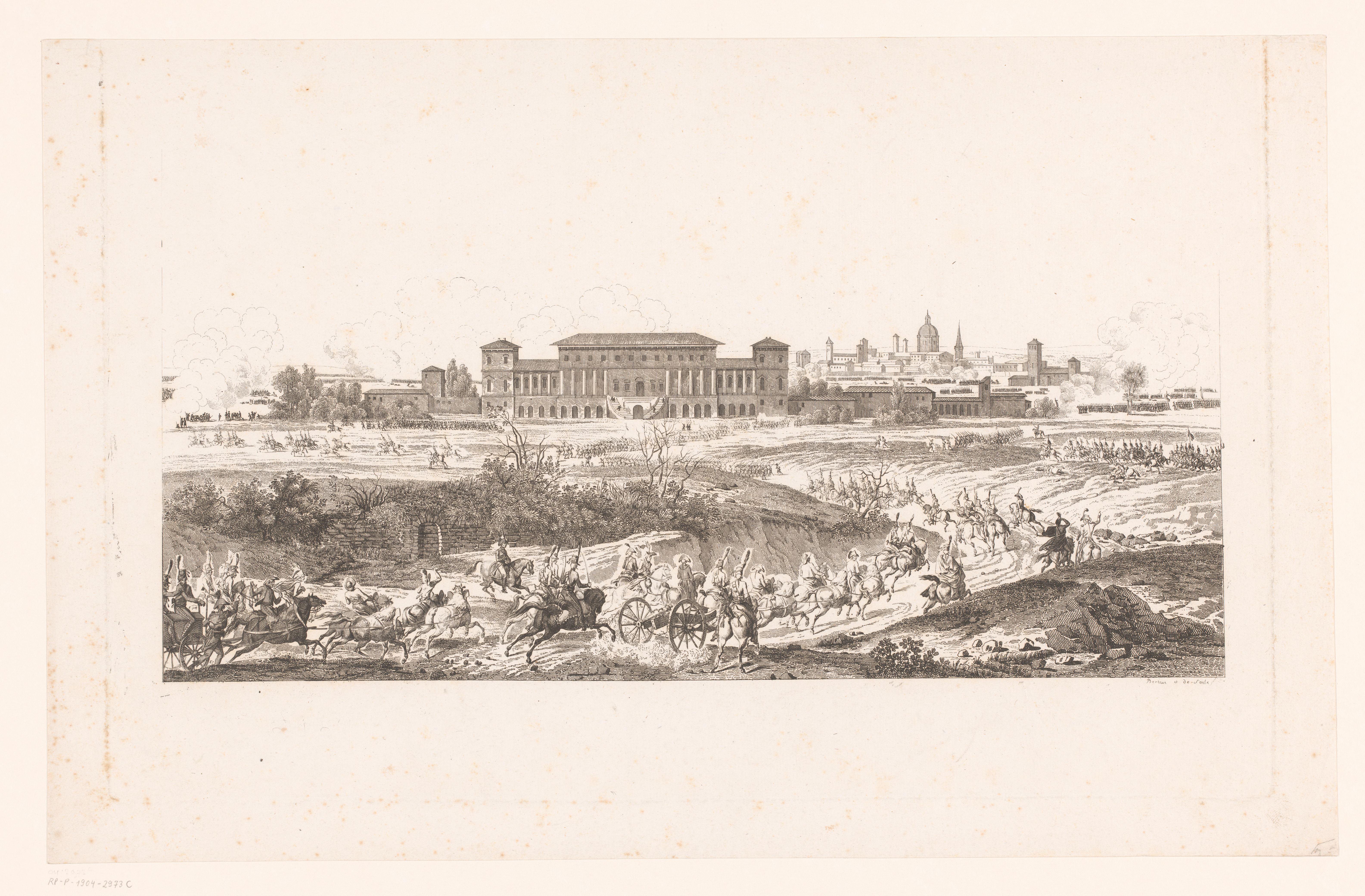 Landschap met zicht op een stad en een naderende cavalerie