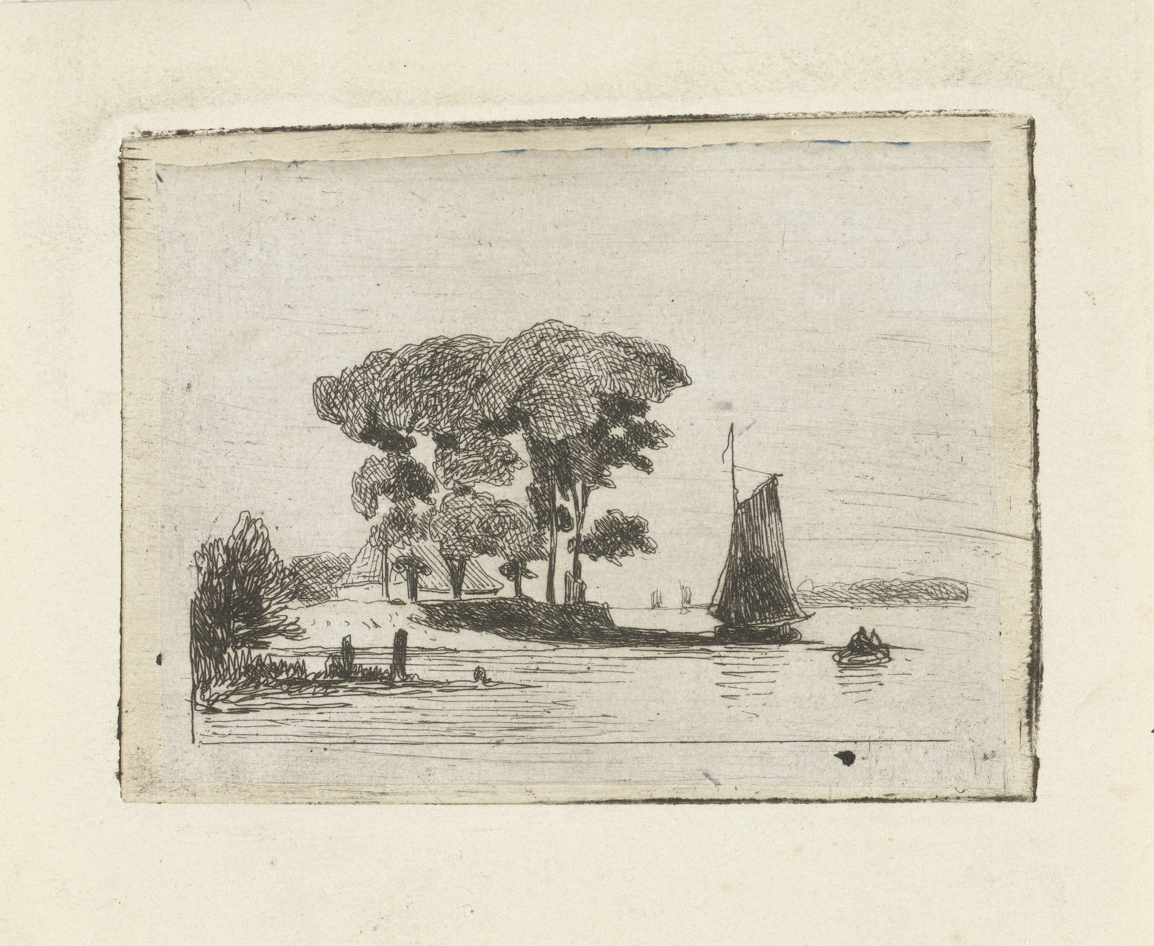 Rivierlandschap met zeilschip en bomen