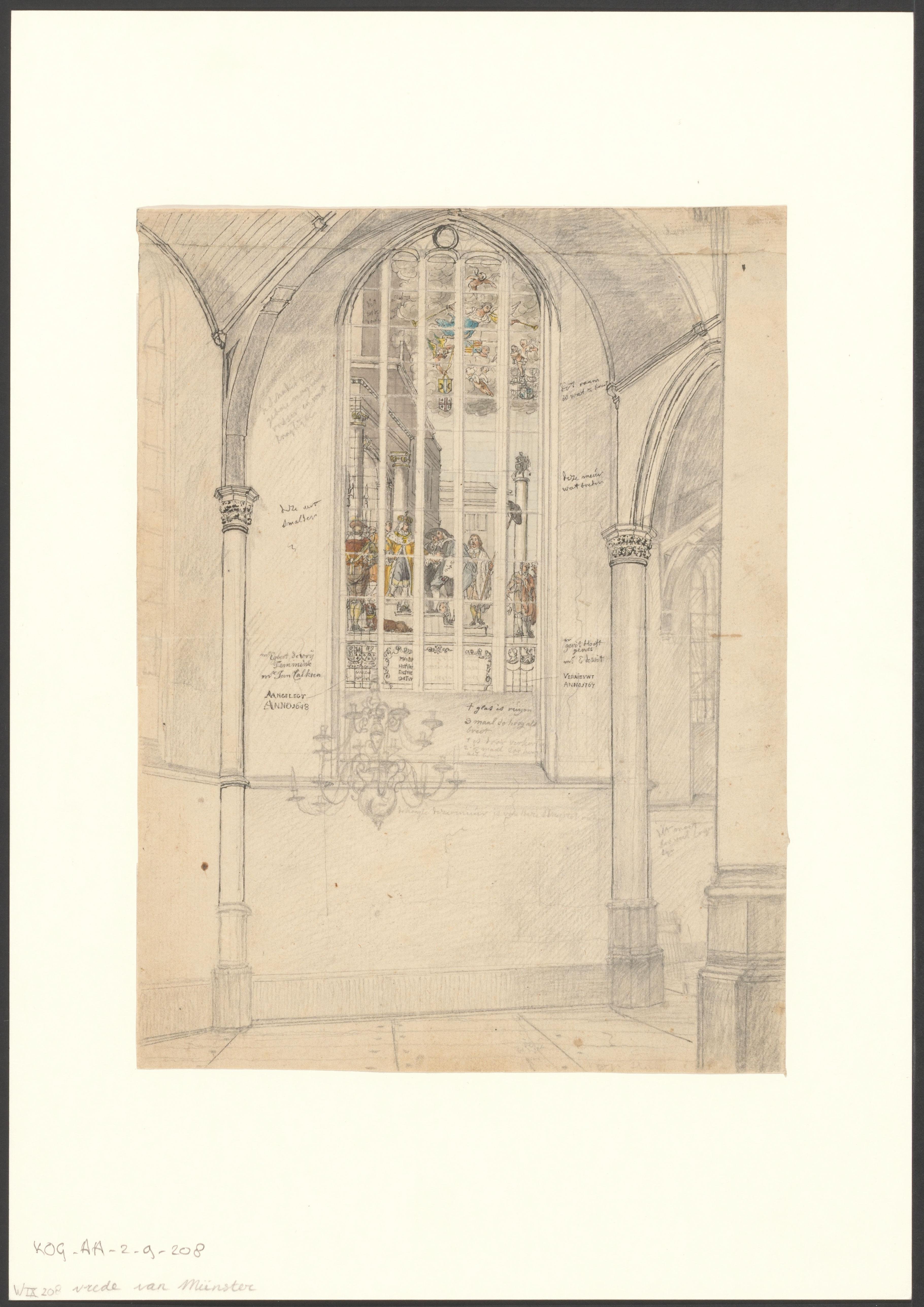 Interieur van de Oude Kerk met raam met de voorstelling van de Vrede van Münster