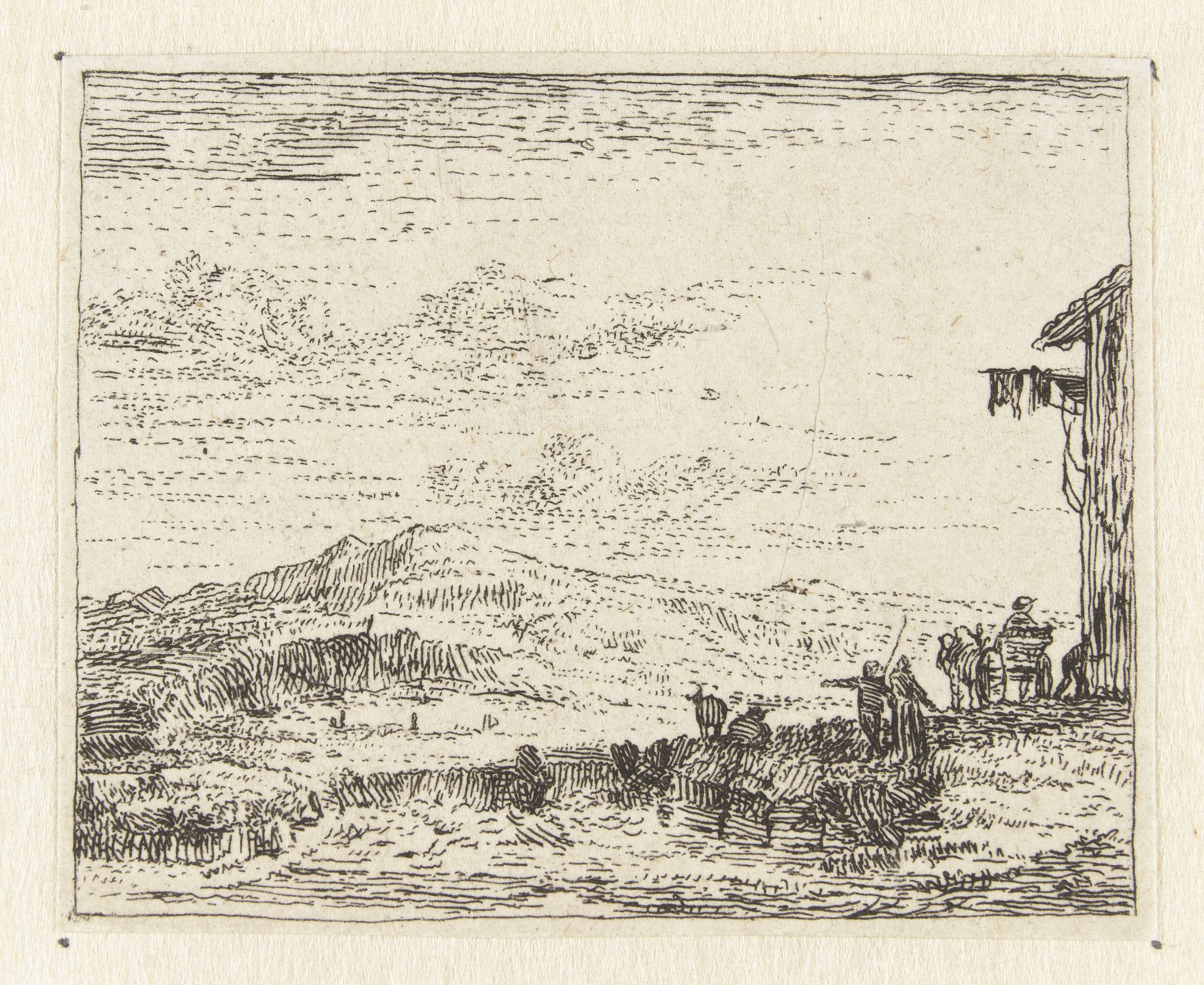 Italianiserend landschap met wagen bij herberg