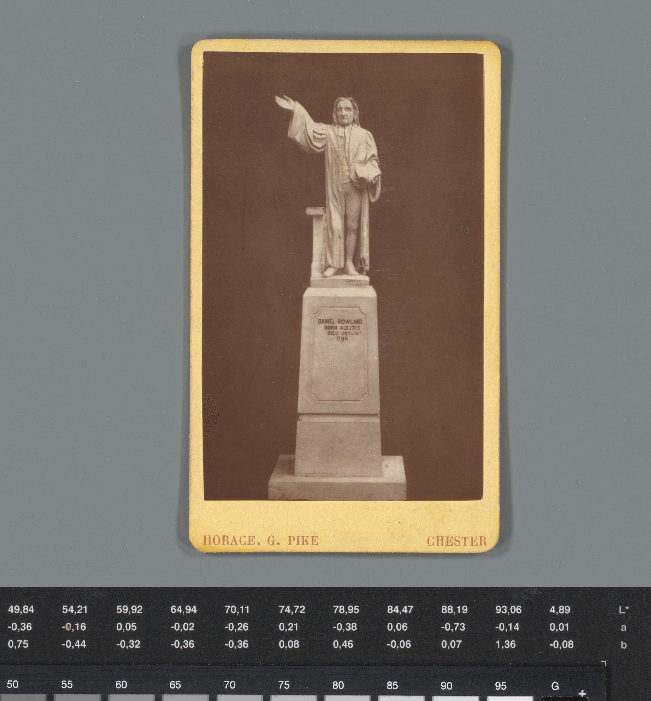 Reclame voor beeldhouwer Edward O. Griffith en fotograaf Horace E. Pike met reproductie van een standbeeld van pastoor Daniel Rowland