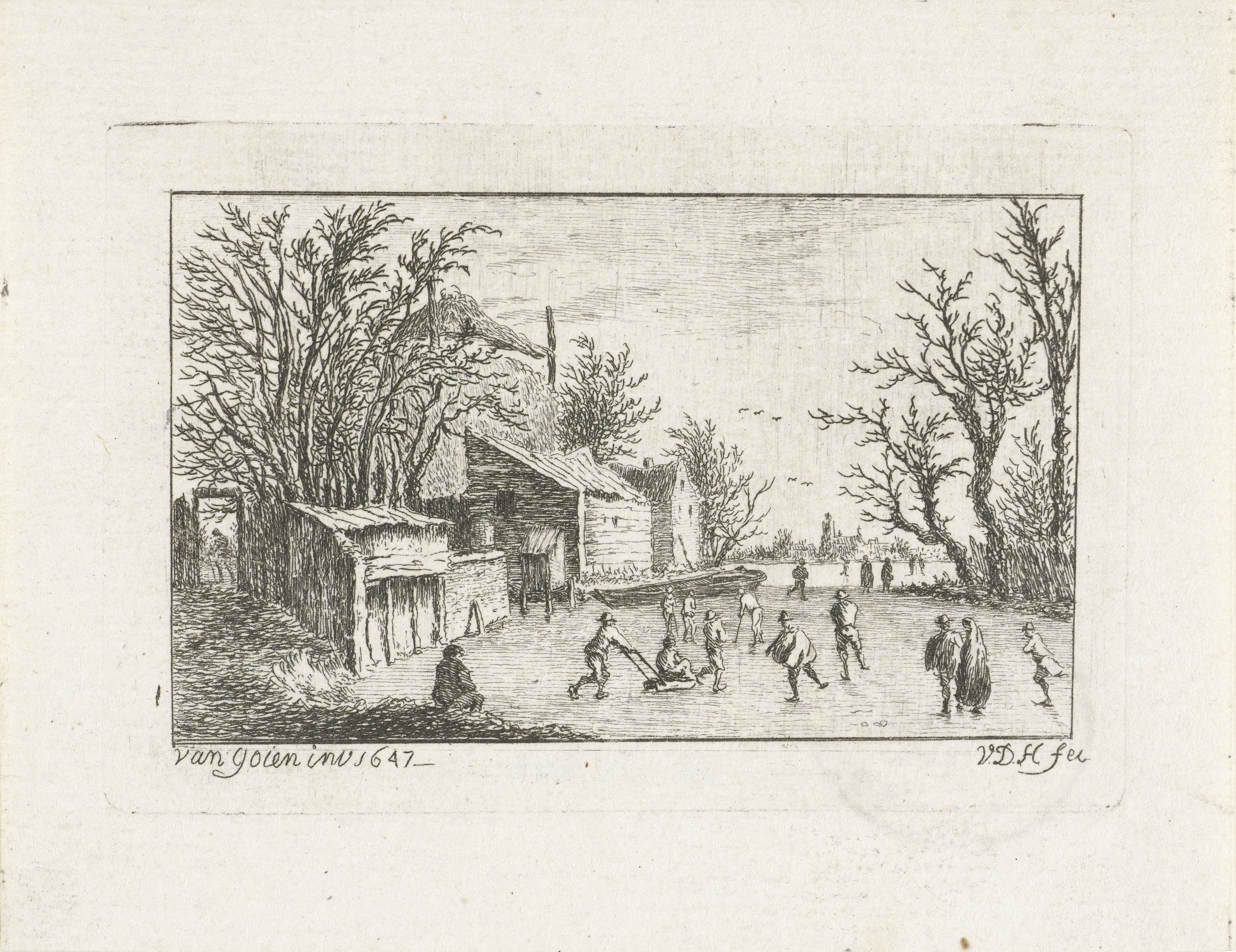 Schaatsers bij een boerderij
