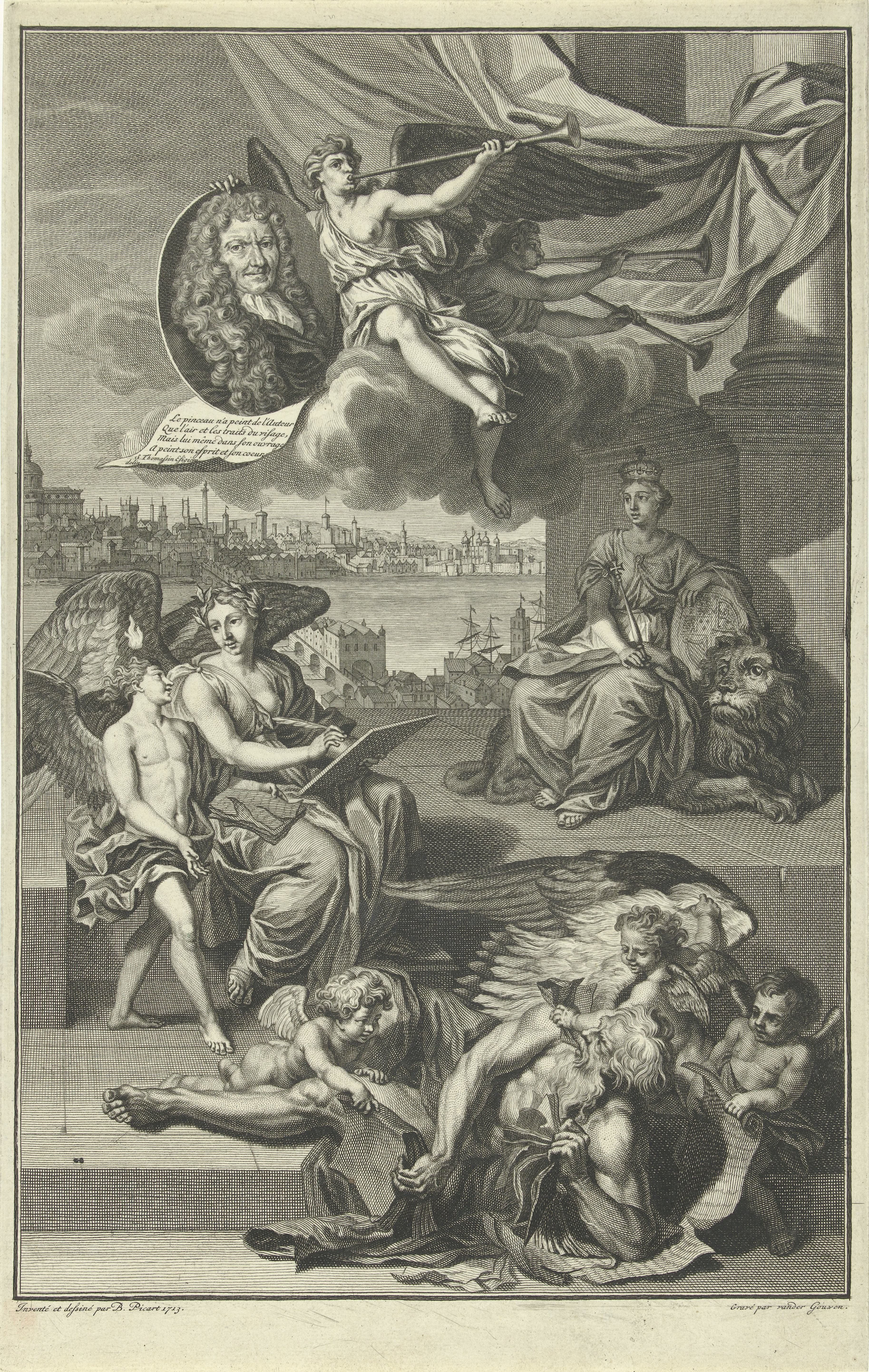 Allegorie op de geschiedenis van Groot-Brittannië met het portret van Isaac de Larrey