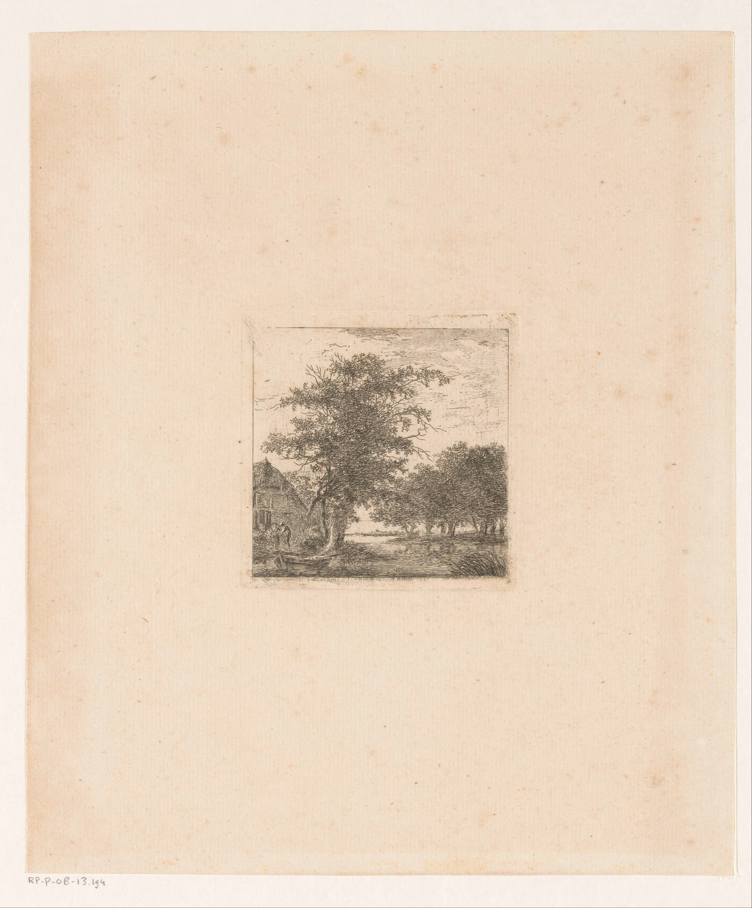 Landschap met een rivier, links een boerderij