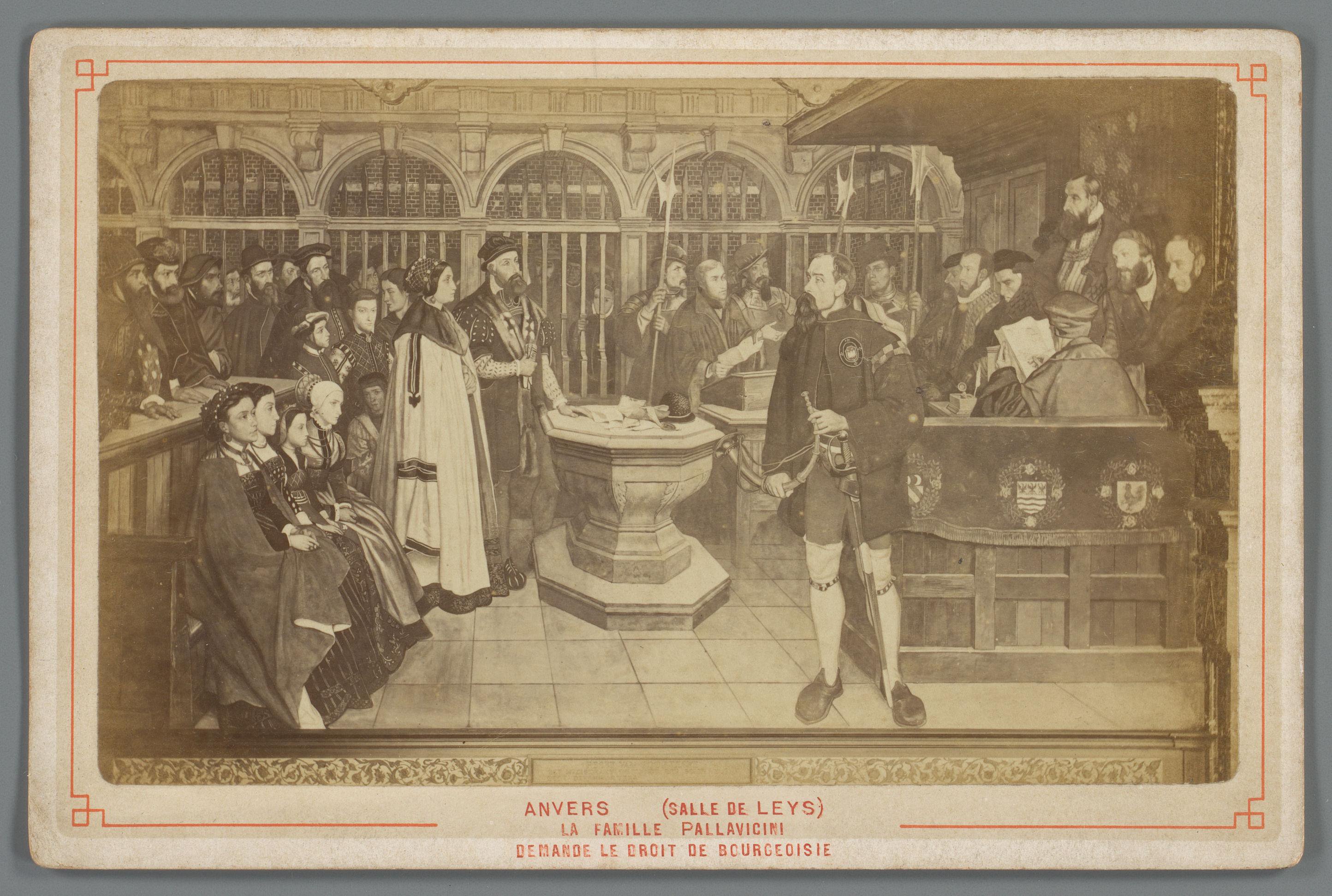 Fotoreproductie van een schilderij Het poorterschap verleend aan Battista Pallavicini door Hendrik Leys in het stadhuis van Antwerpen