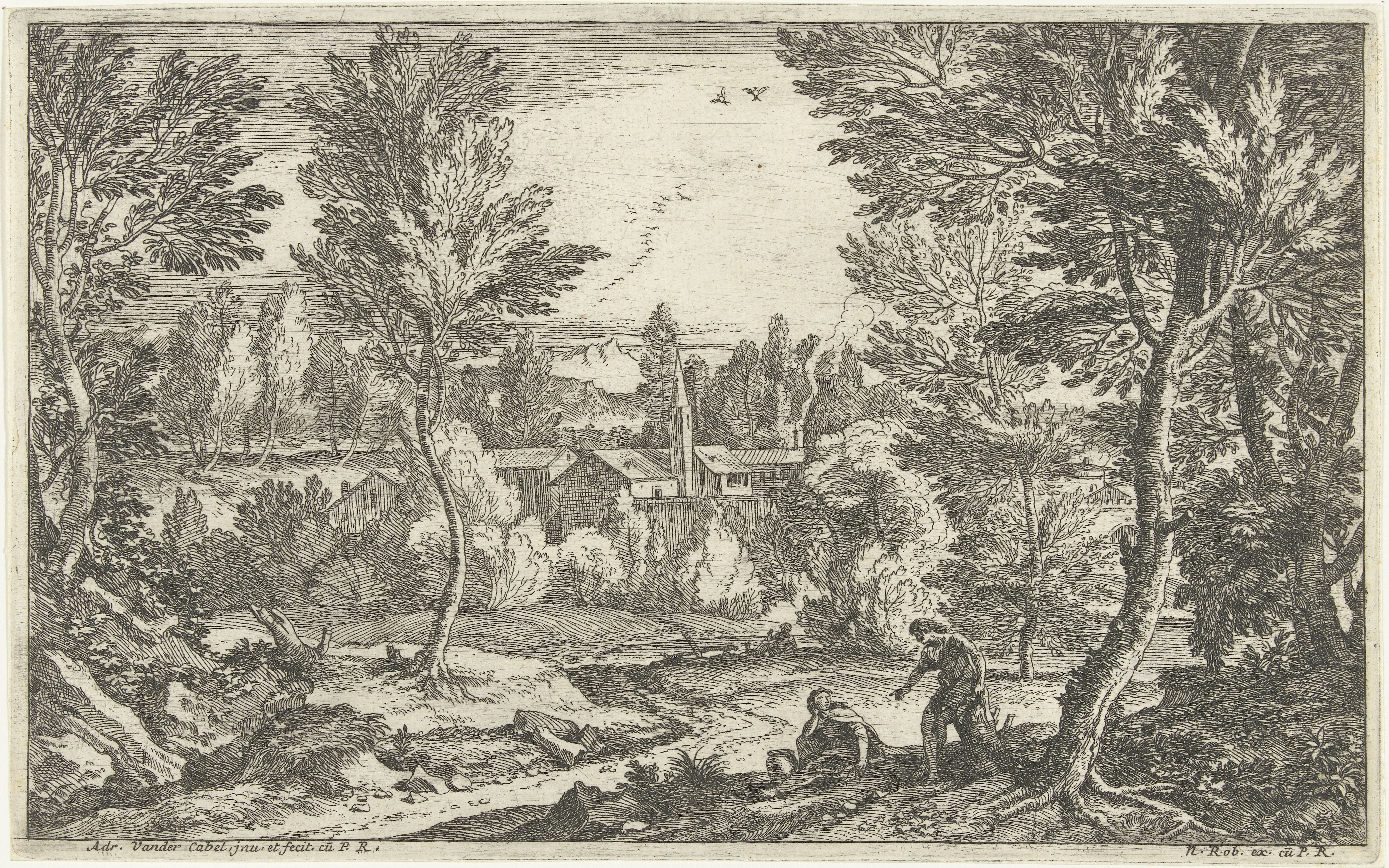 Landschap met man zittend op boomstronk