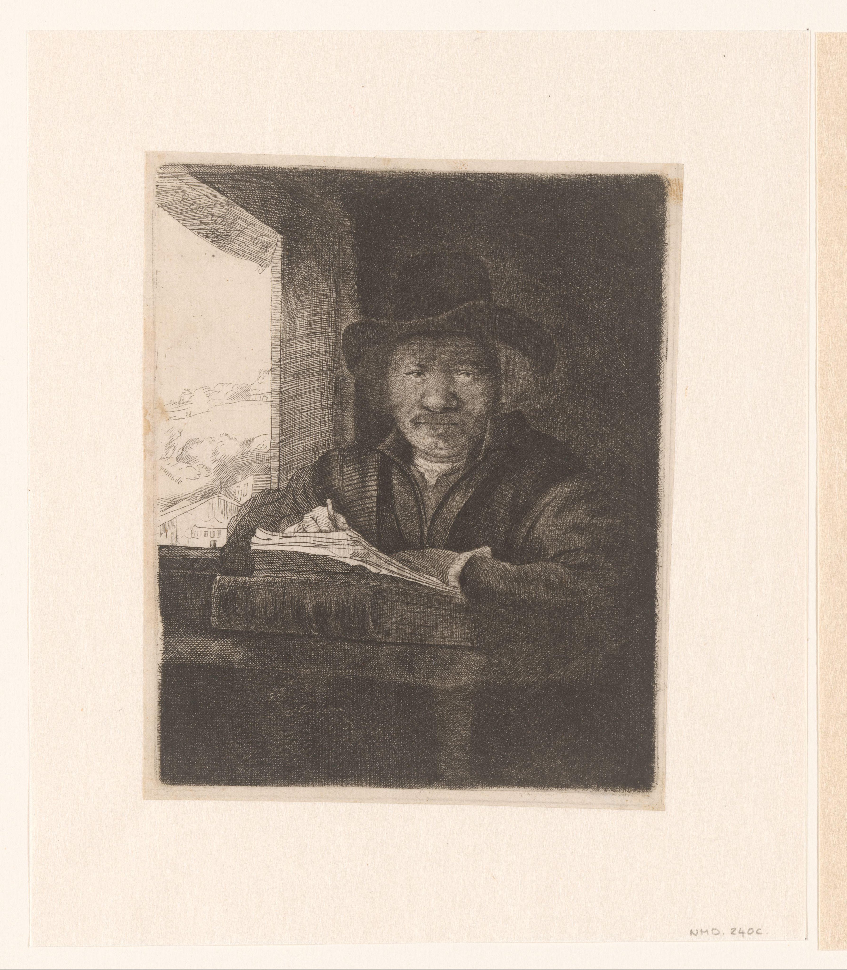 Self-portrait etching at a window