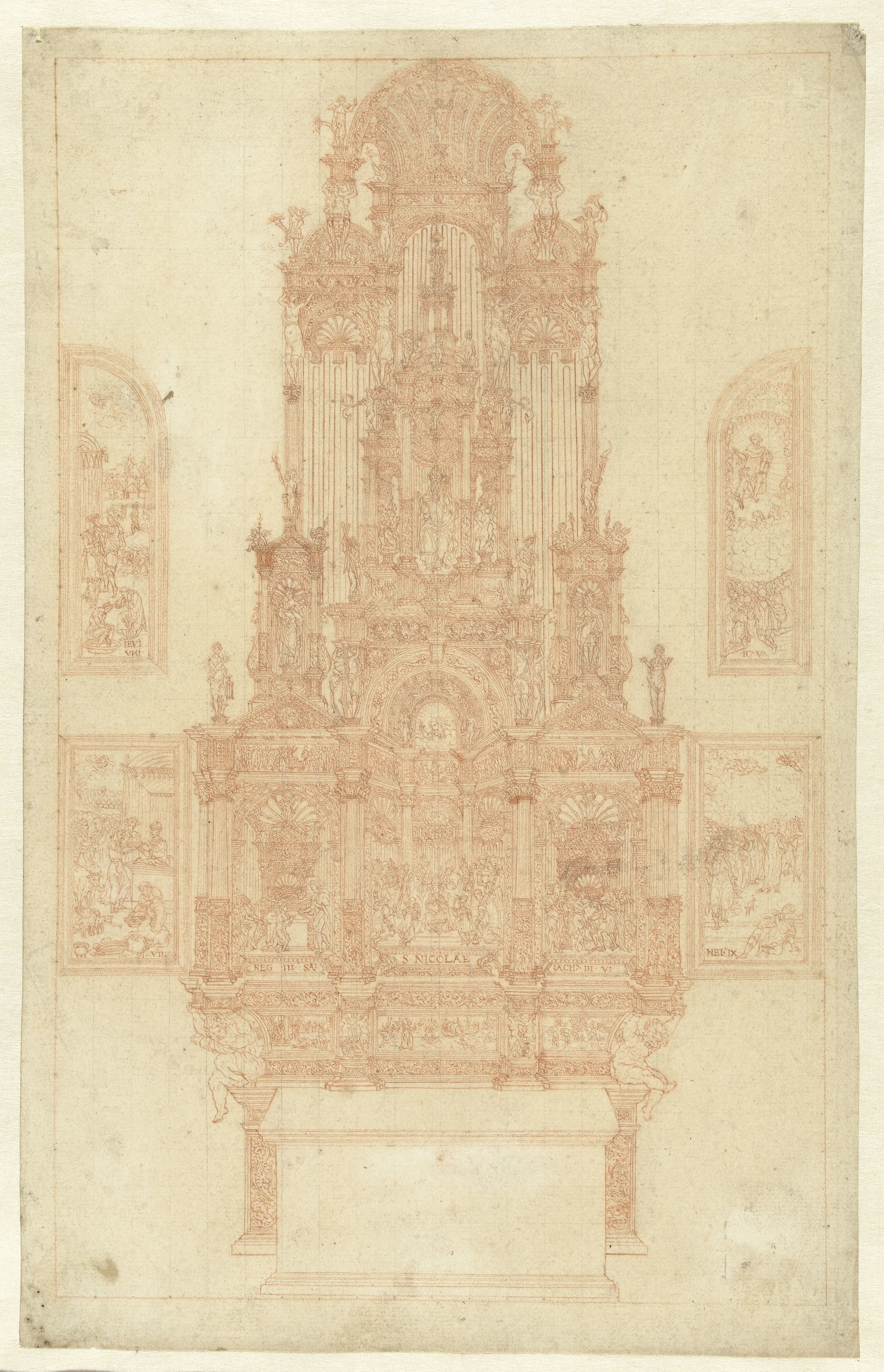 Altaar met de inwijding van H. Nicolaas als bisschop omringd door bijbelse voorstellingen