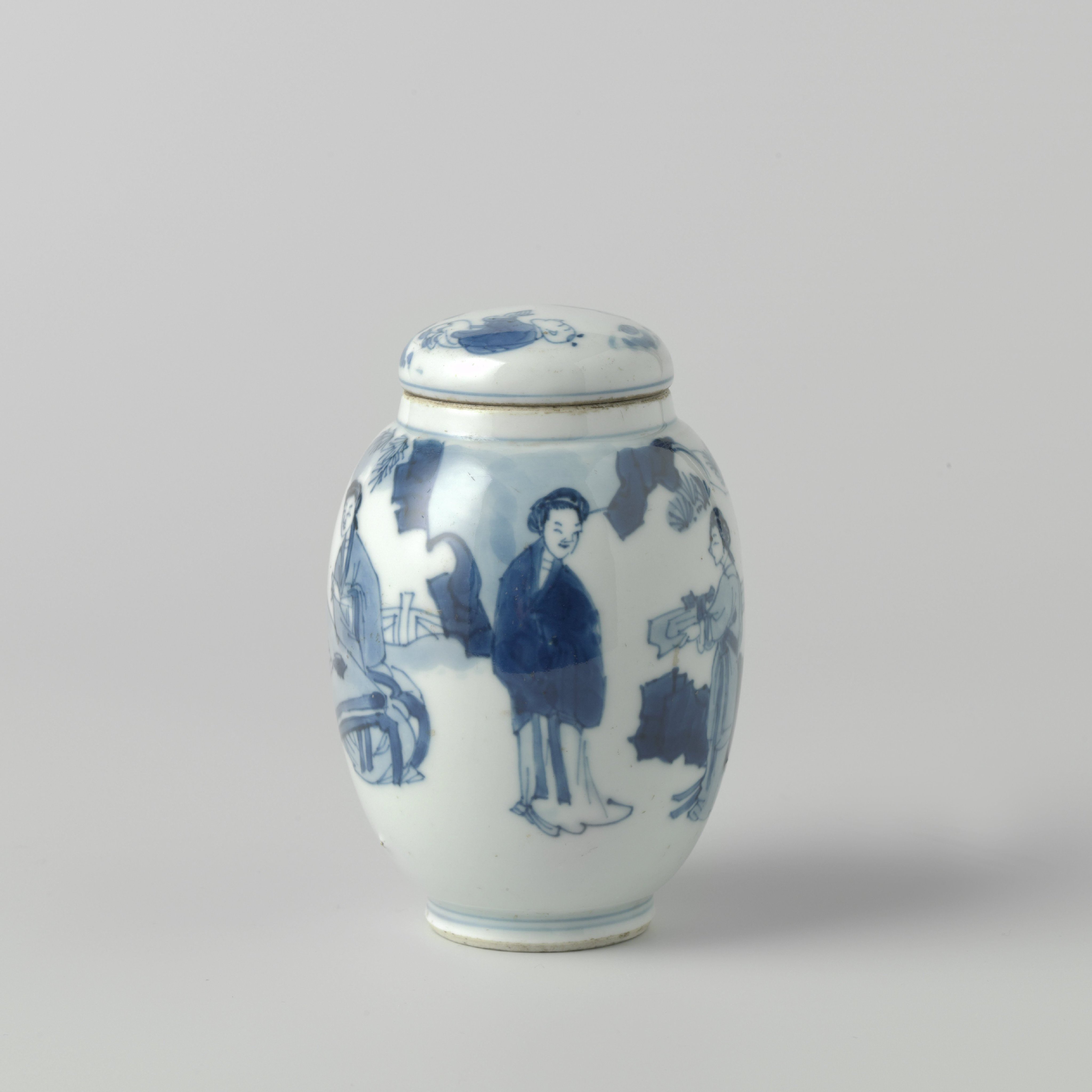 Ovoid covered jar with women in a landscape