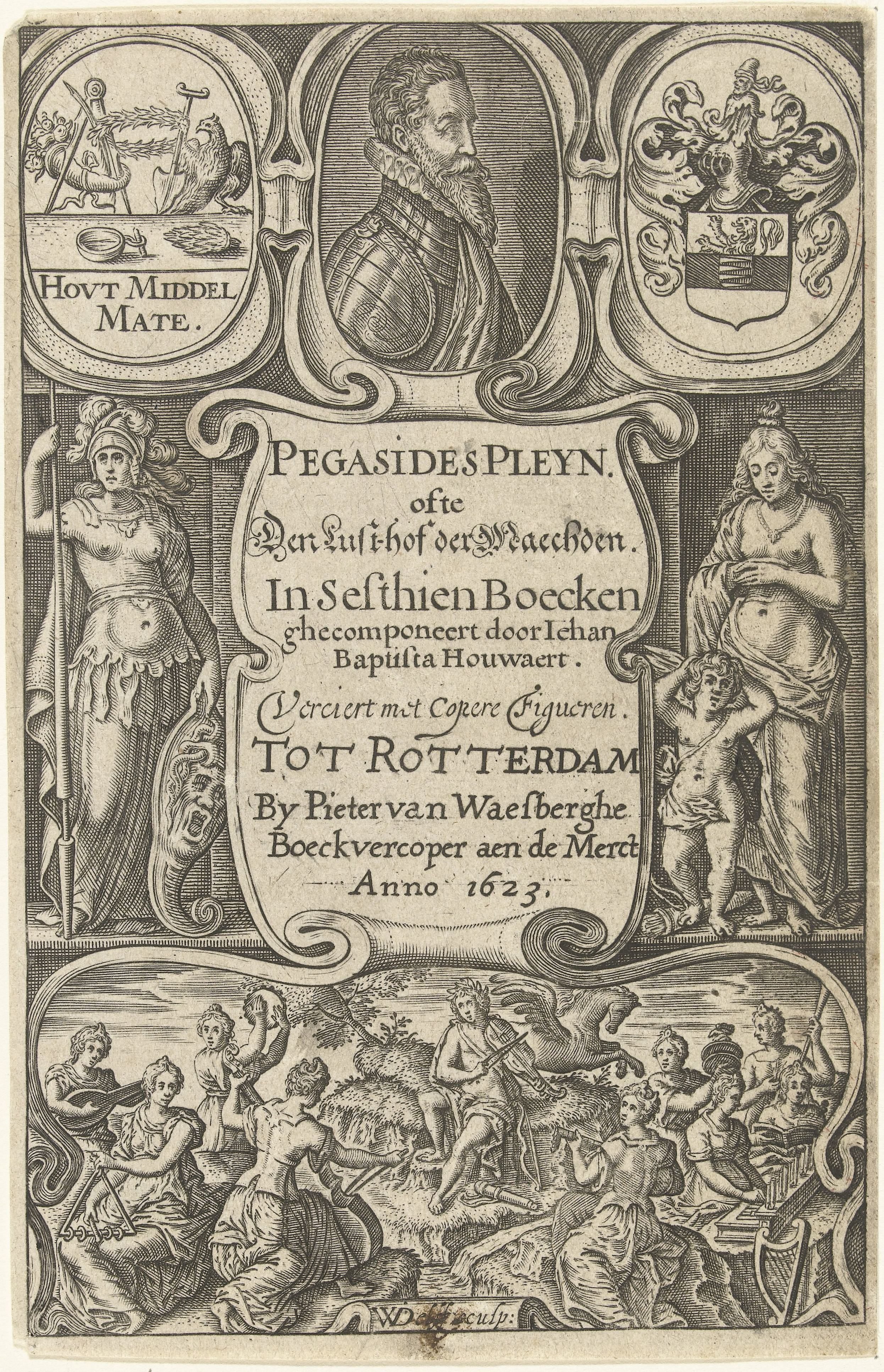 Cartouches met titel, portret van Jan Baptist Houwaert, allegorische figuren en Apollo en de muzen