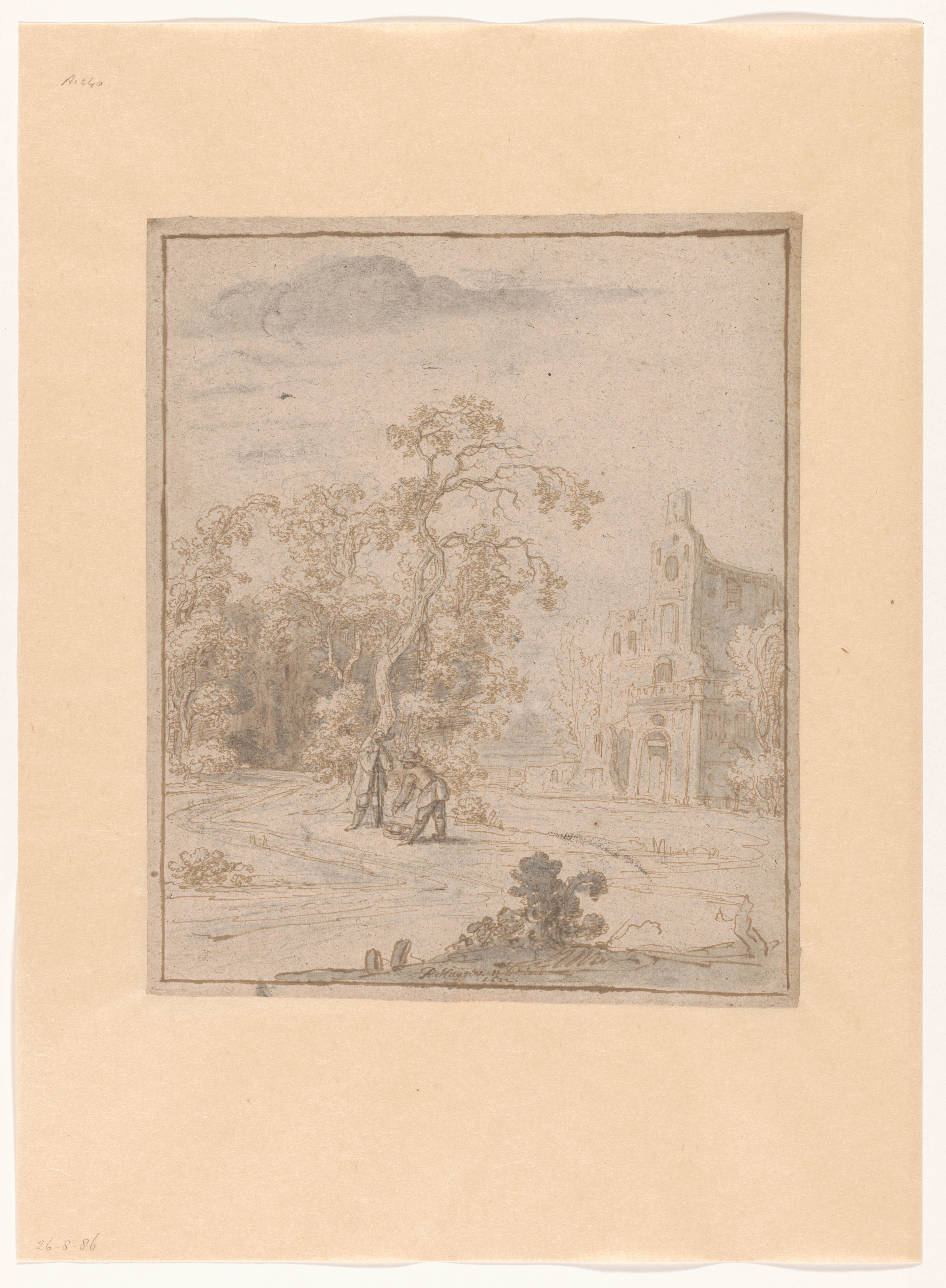 Landschap met een gebouw en twee mannen bij een mand