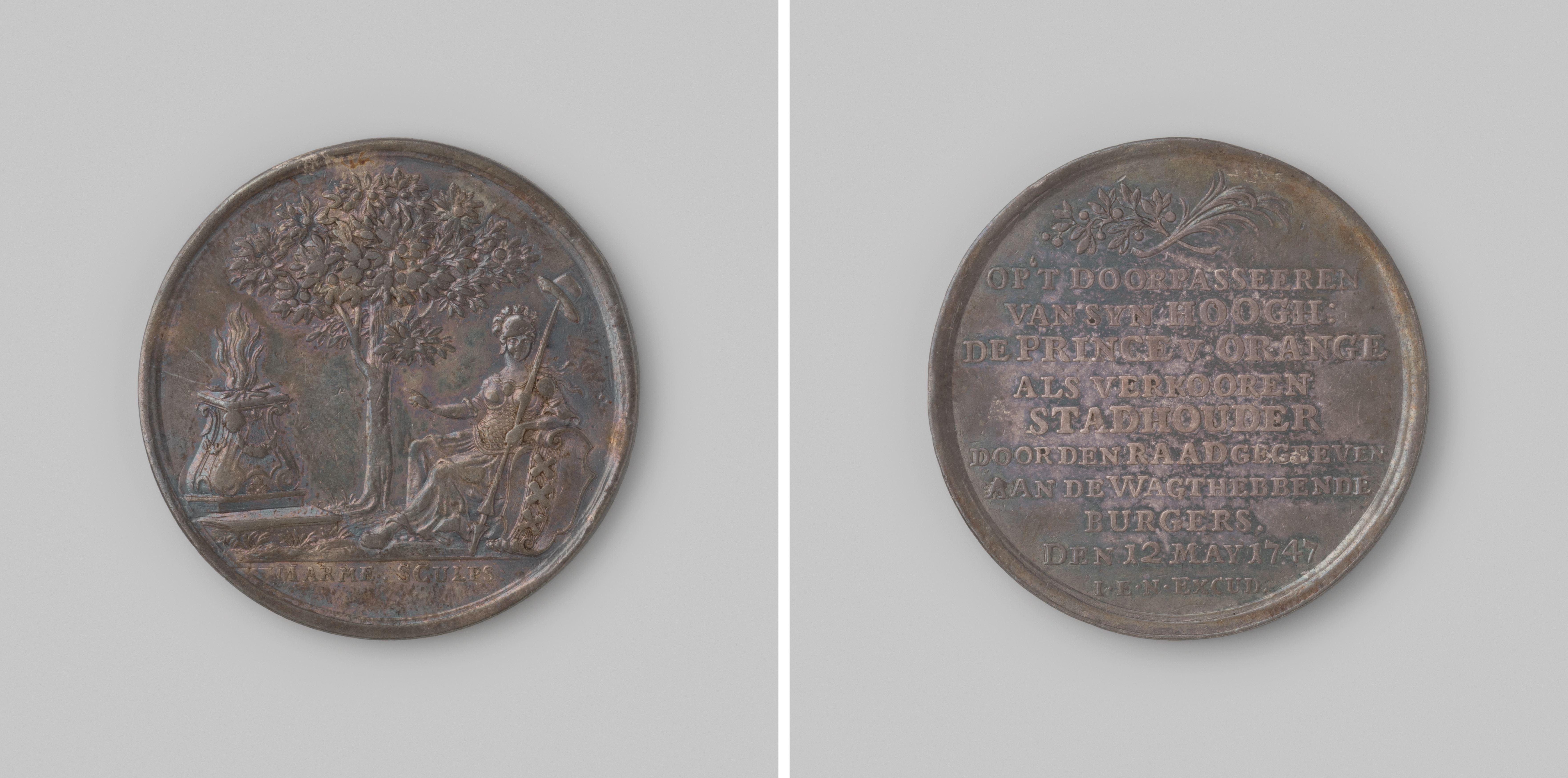 Gedenkpenning vereerd aan de wachthebbende burgers van Amsterdam, ter herinnering aan het verblijf van Prins Willem IV te Amsterdam op 11 en 12 mei