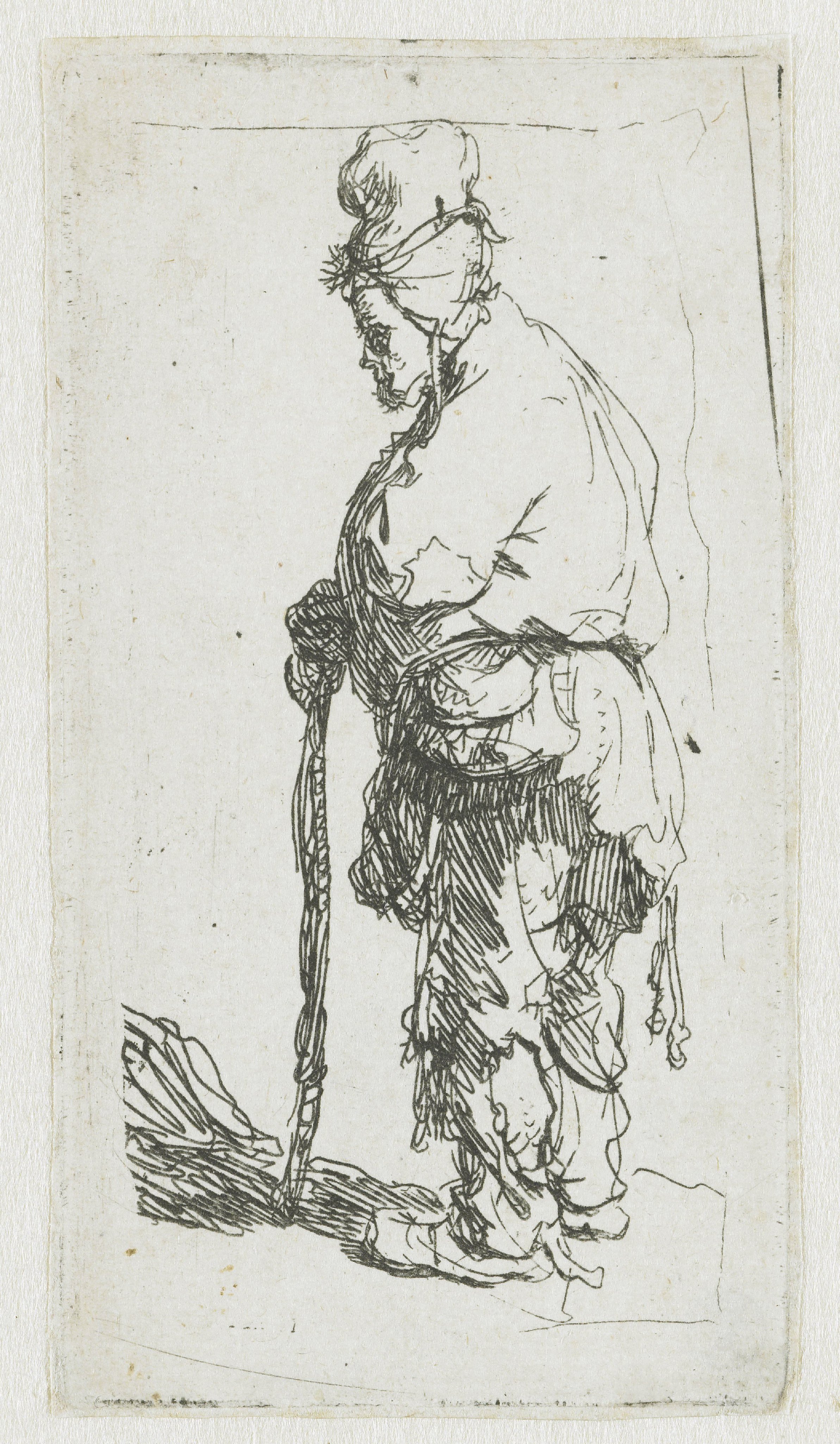 Beggar leaning on a stick, facing left