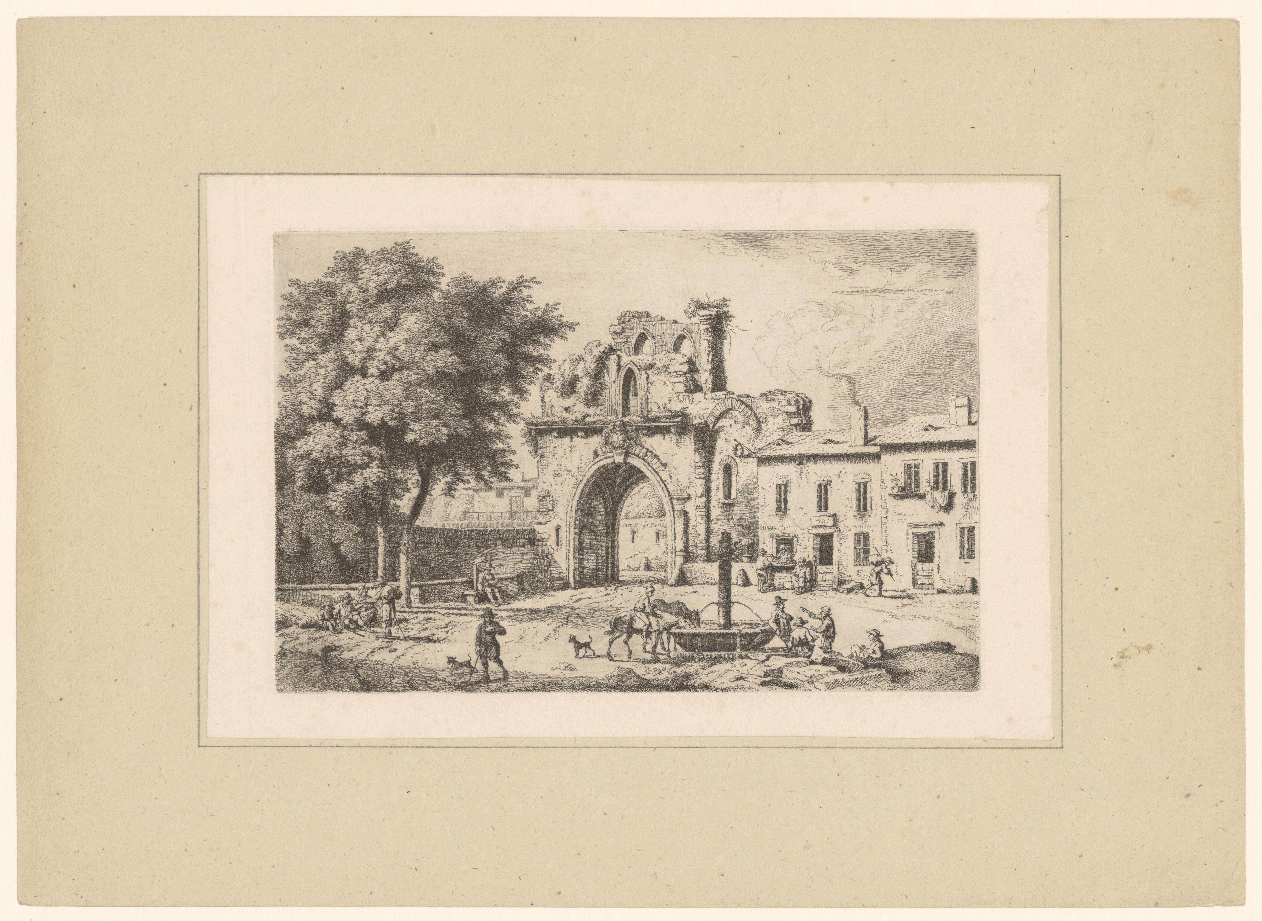 Landschap met figuren en de ruïne van een stadspoort