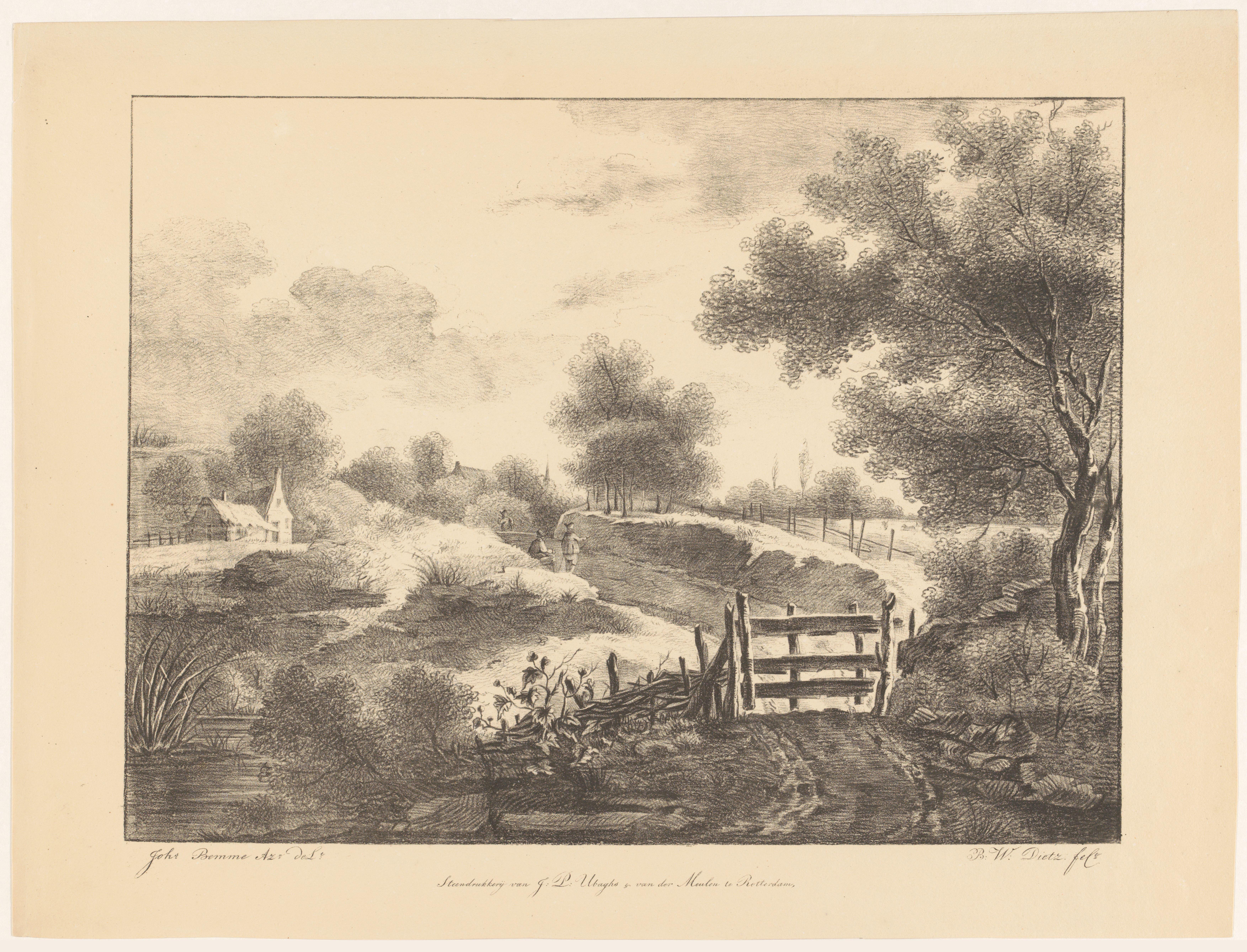 Landschap met huizen, beek en pad