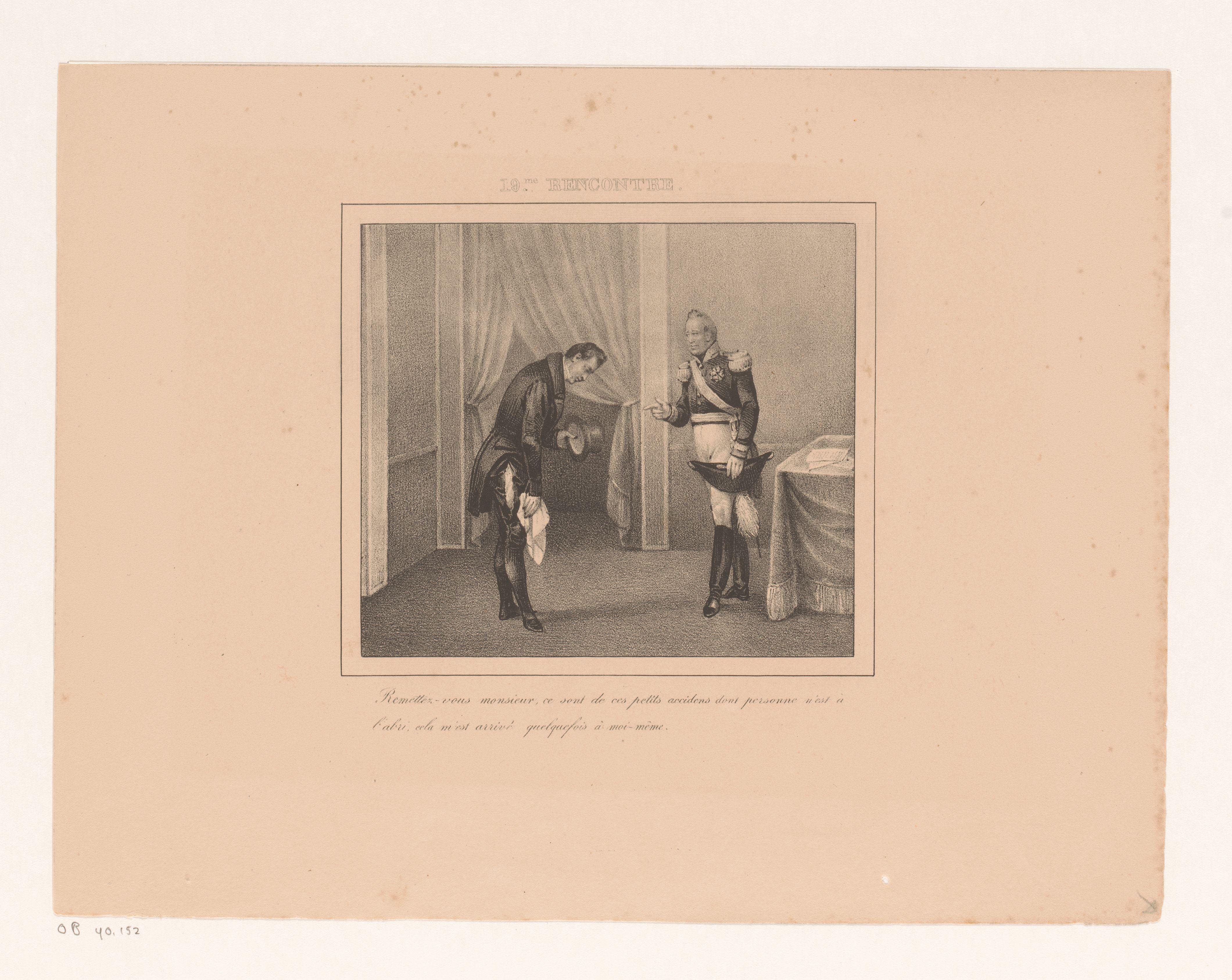 Koning Willem I stelt een man met gescheurde broek gerust