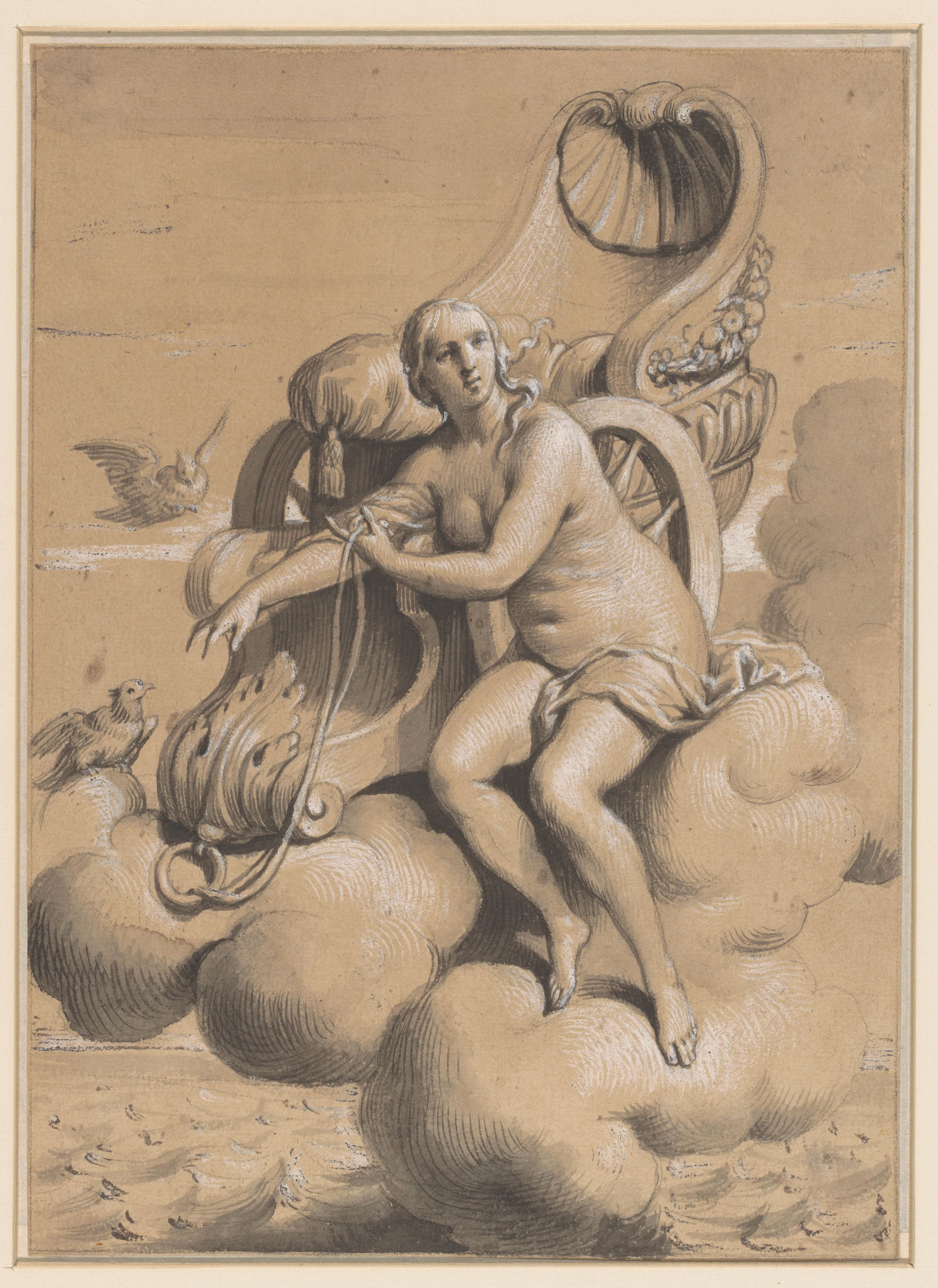 Venus naast haar wagen op de wolken gezeten