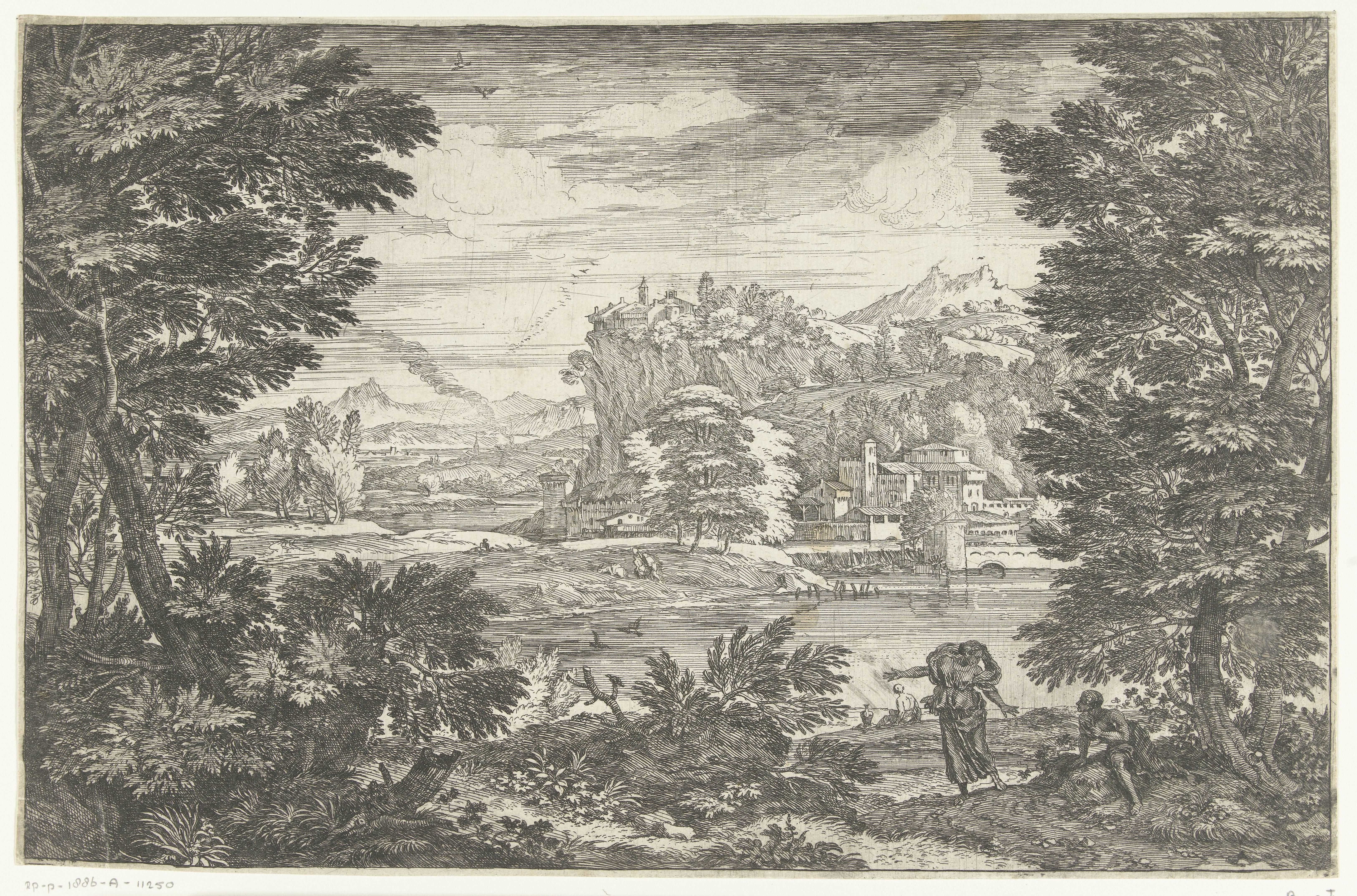 Landschap met man zittend onder boom