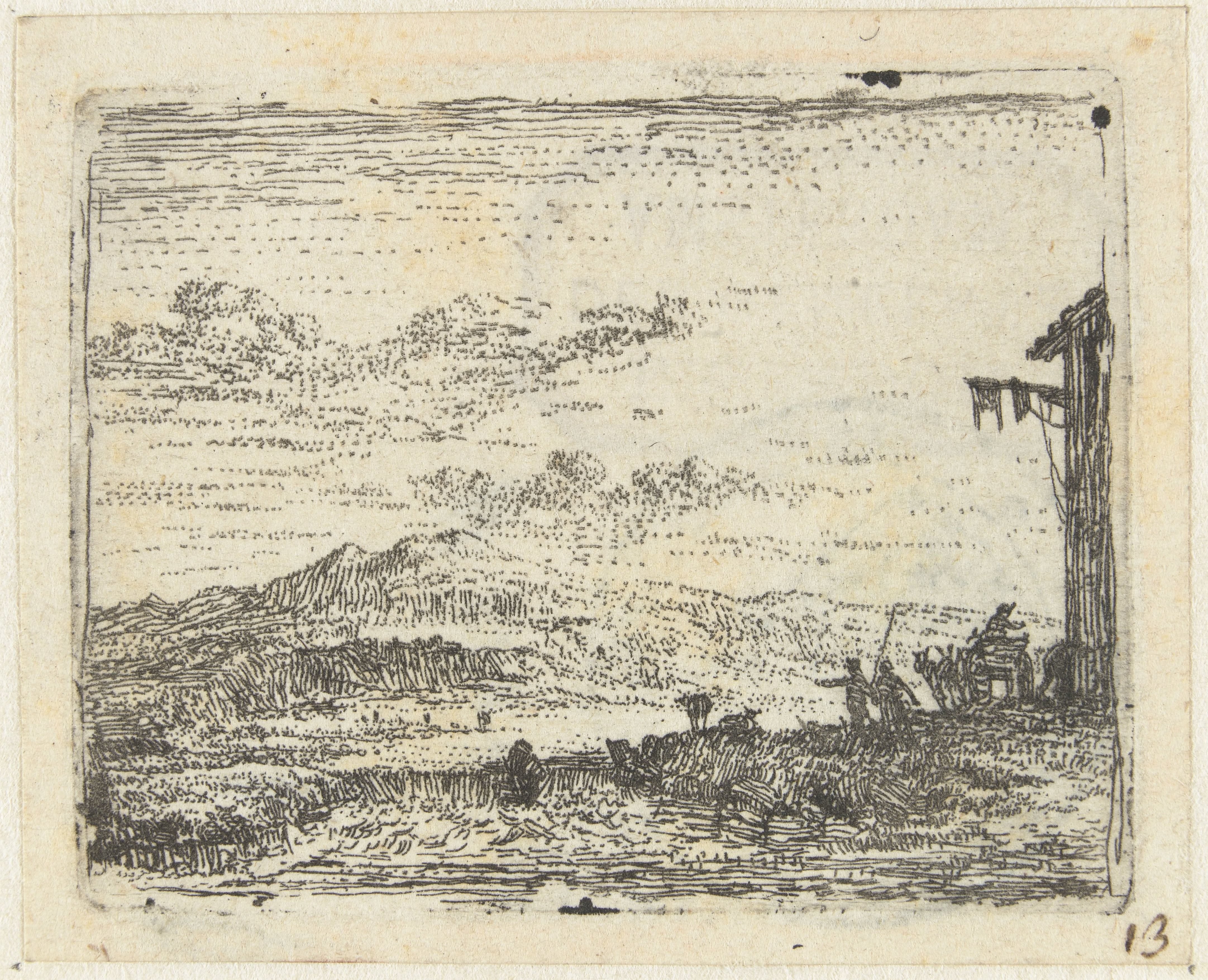 Italianiserend landschap met wagen bij herberg
