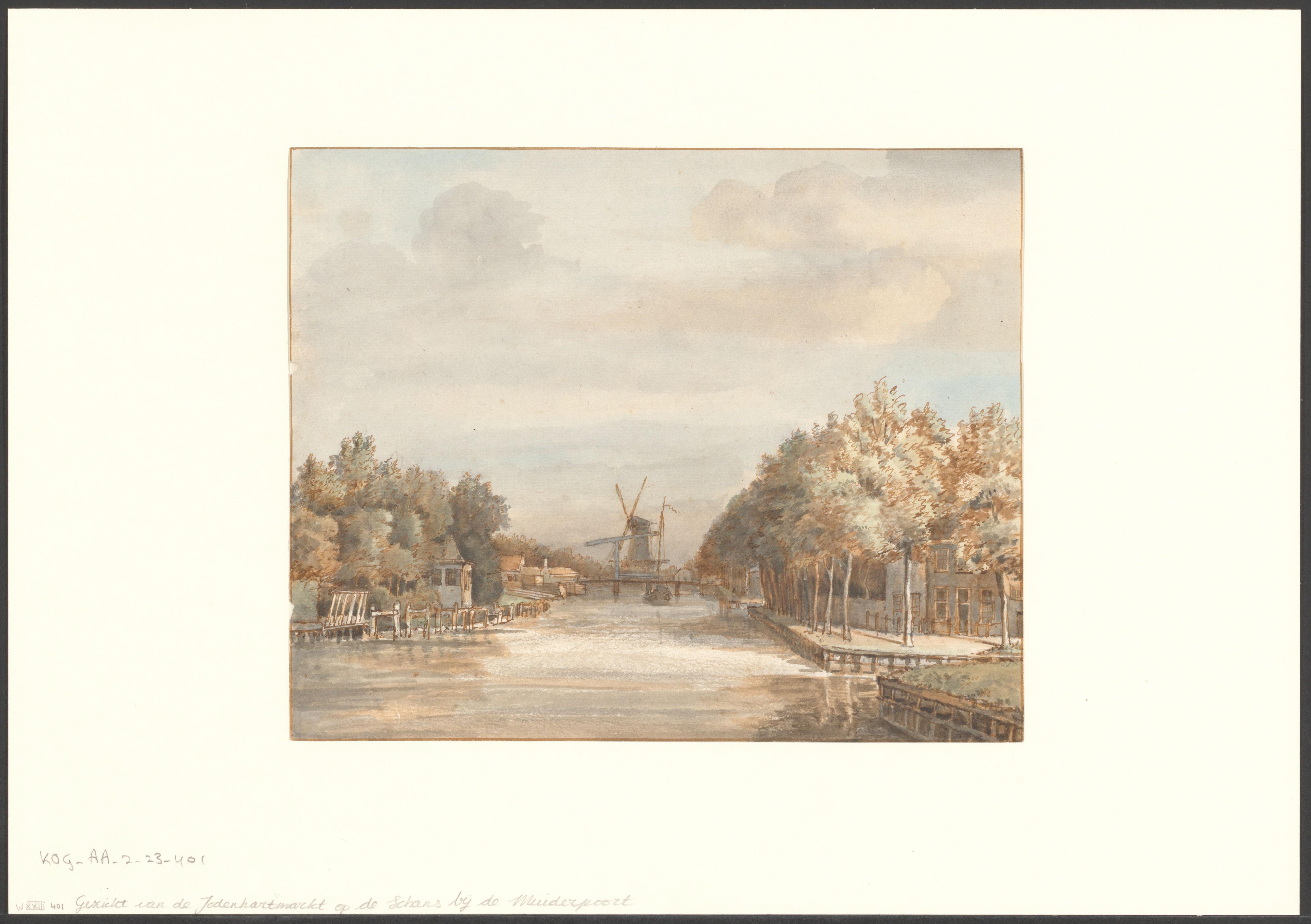 Gezicht op de Jodenhoutmarkt op de schans bij de Muiderpoort