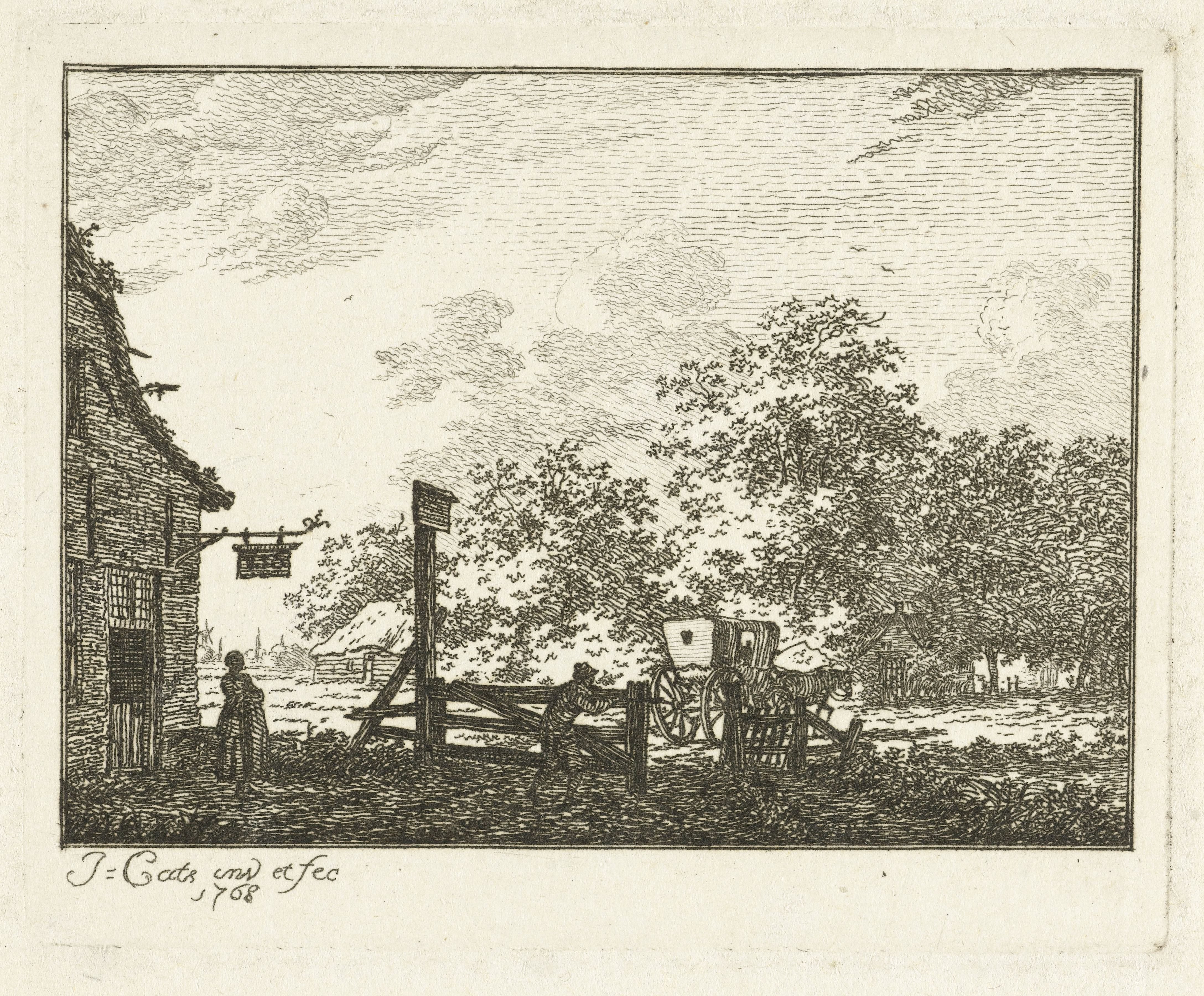 Landschap met wagen voor herberg