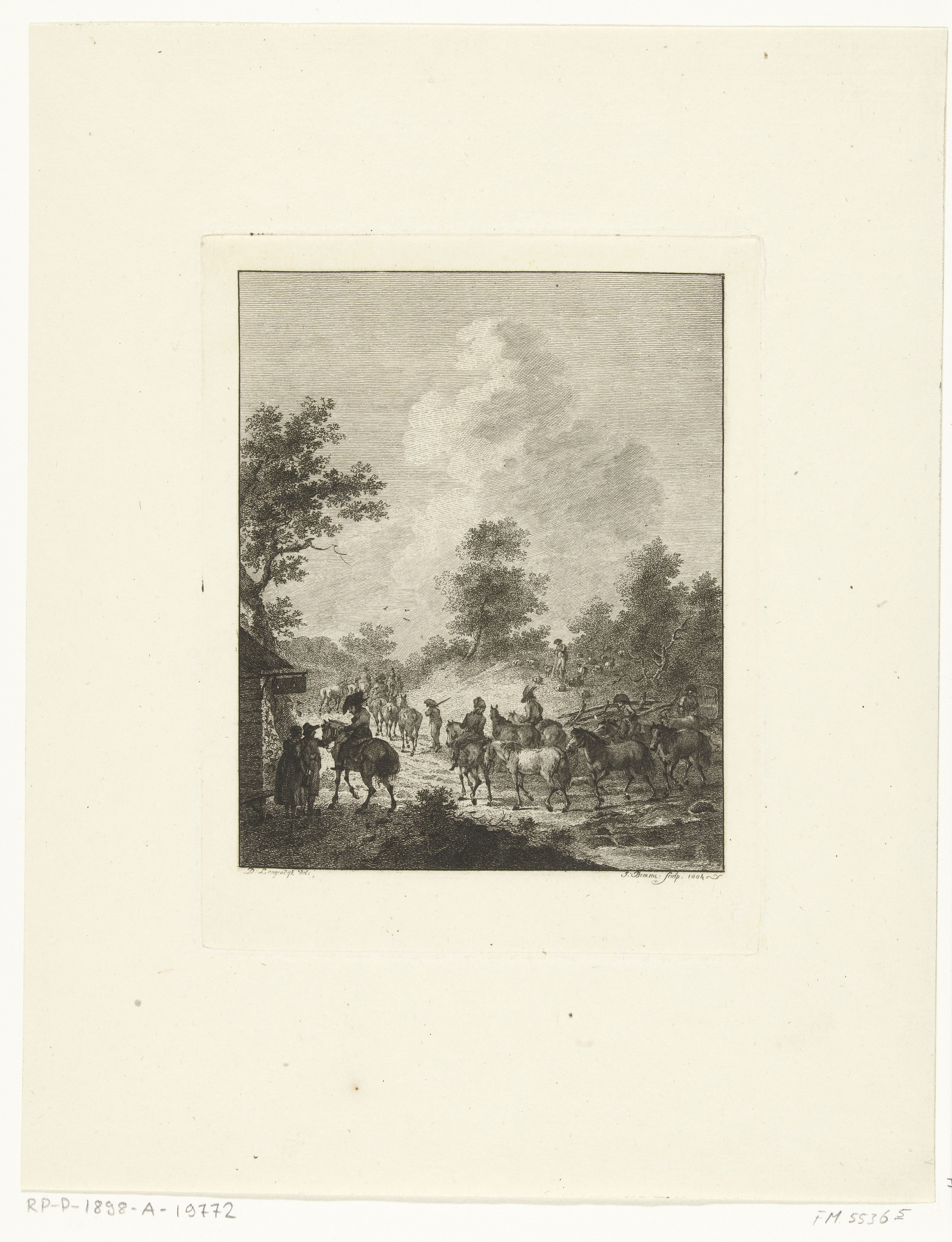 Een groep cavaleriepaarden bij een herberg