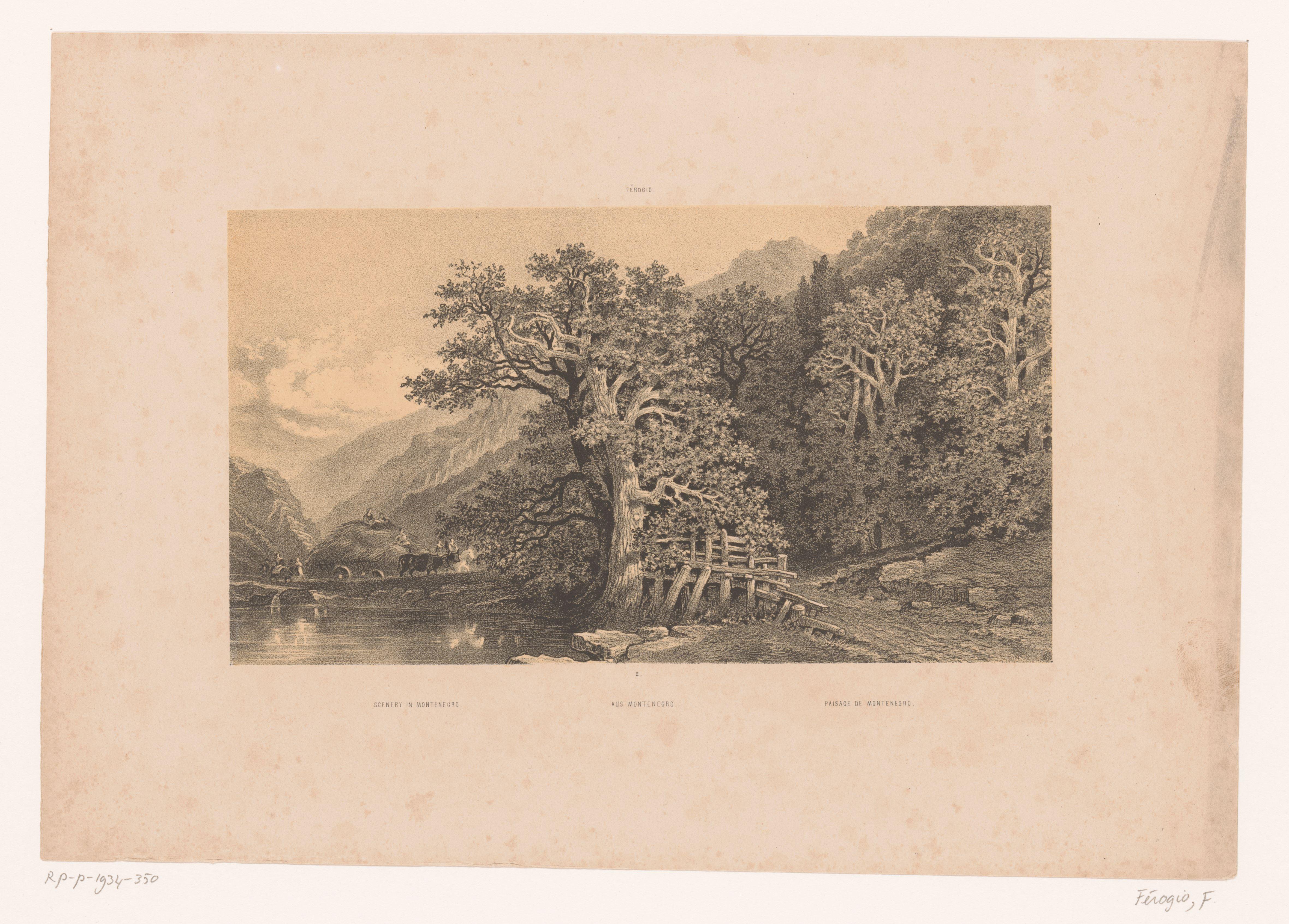 Berglandschap met water en een hooiwagen op een pad